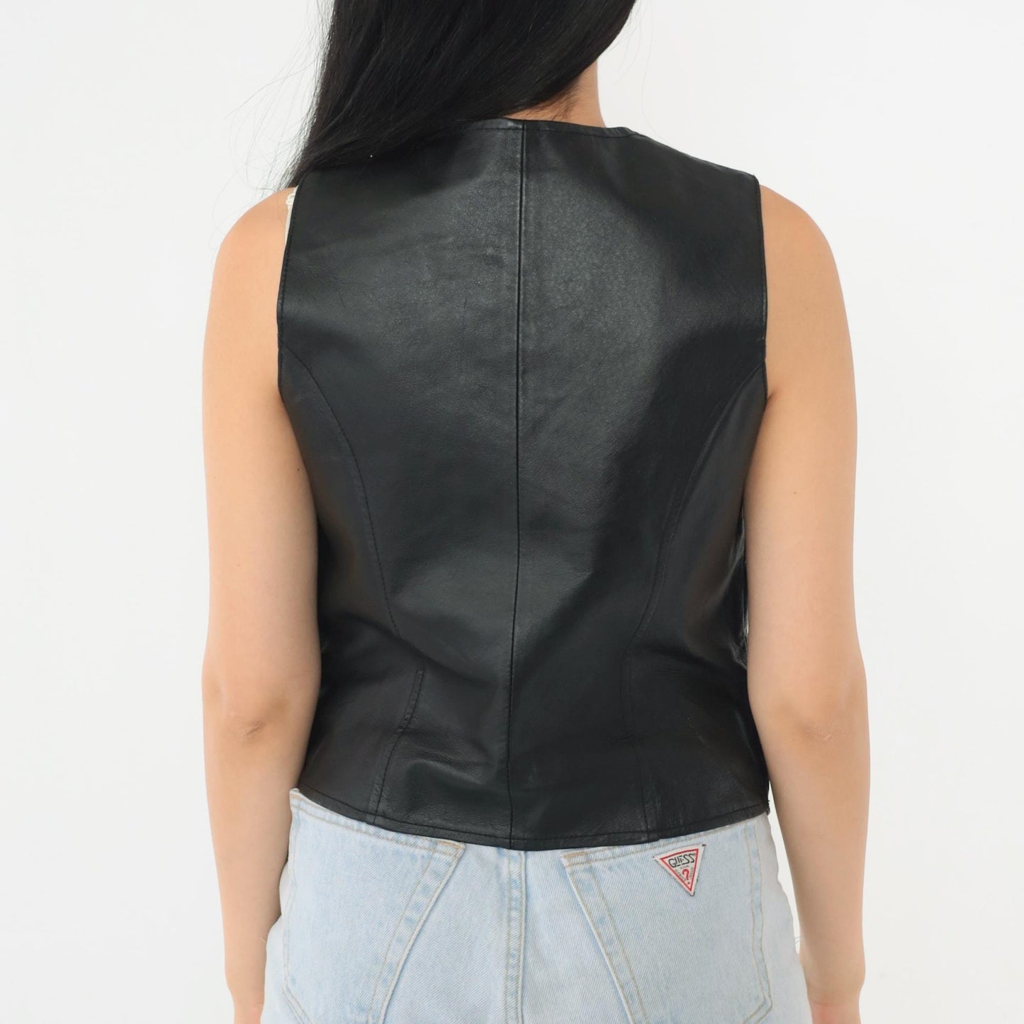 90s Black Leather Vest Snap Button Sleeveless Top Extra Small