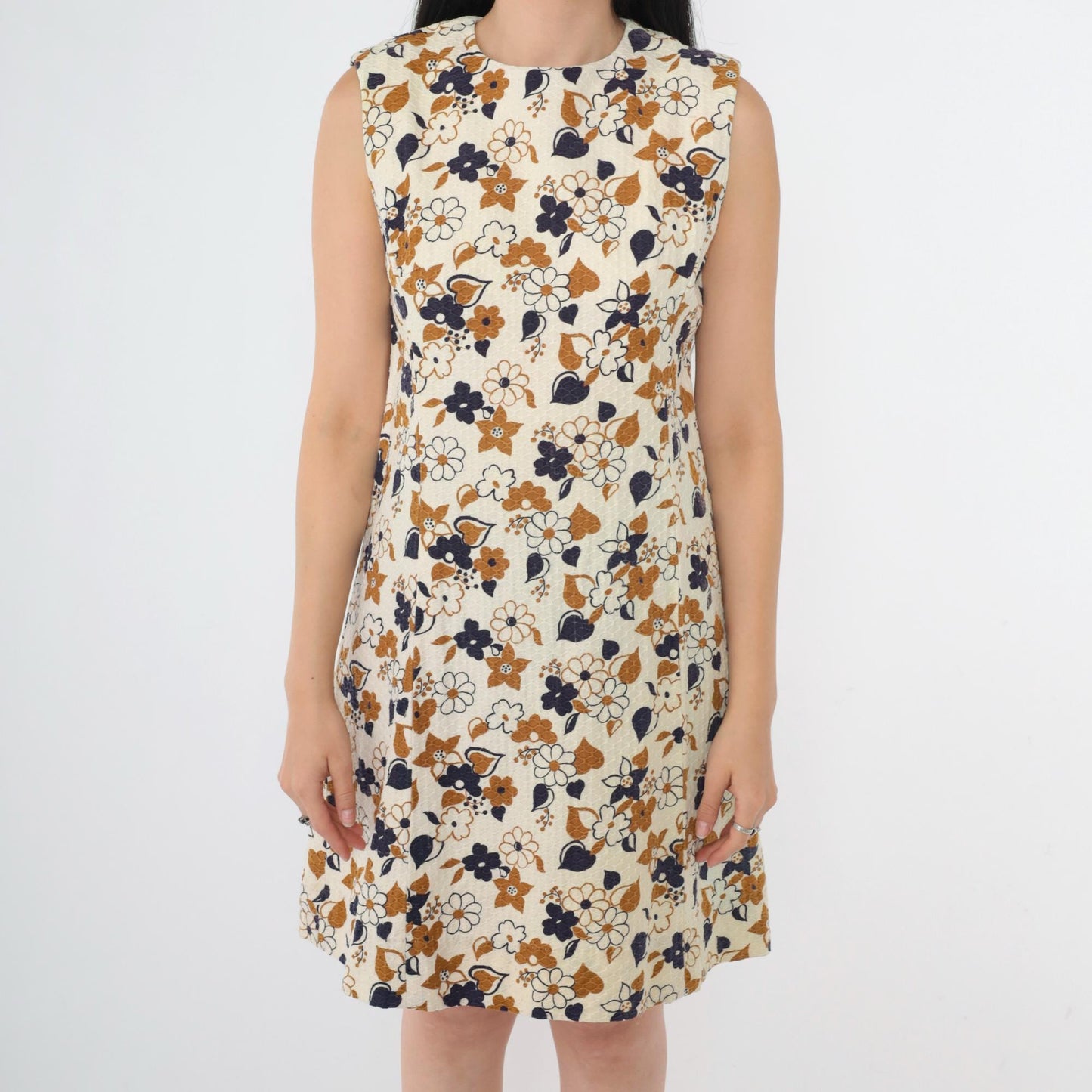 60s Mod Floral Mini Shift Dress Cream Blue Brown Honeycomb Small S