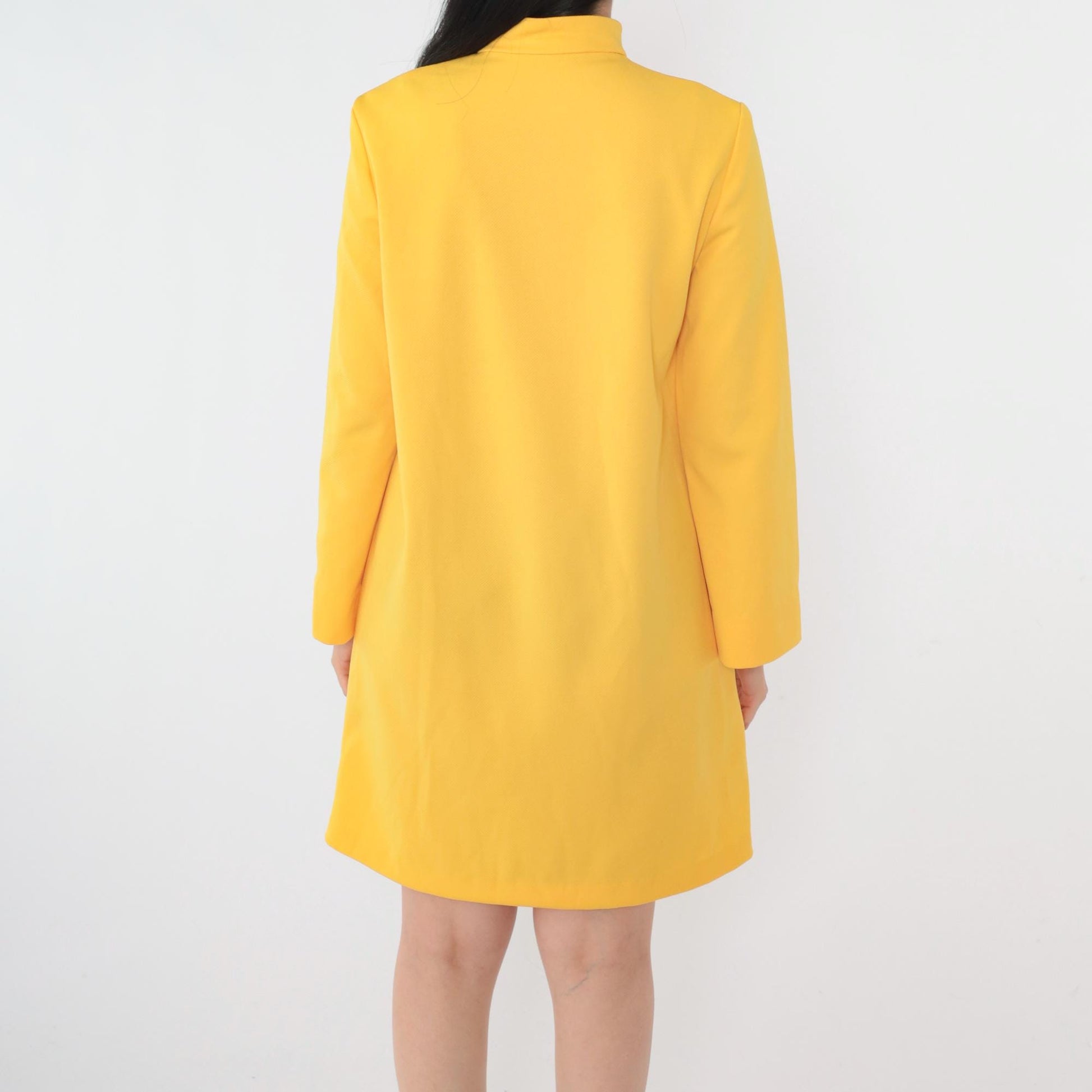 70s Yellow Mod Shift Dress Front Zip Wide Sleeve Mandarin Collar Mini Small