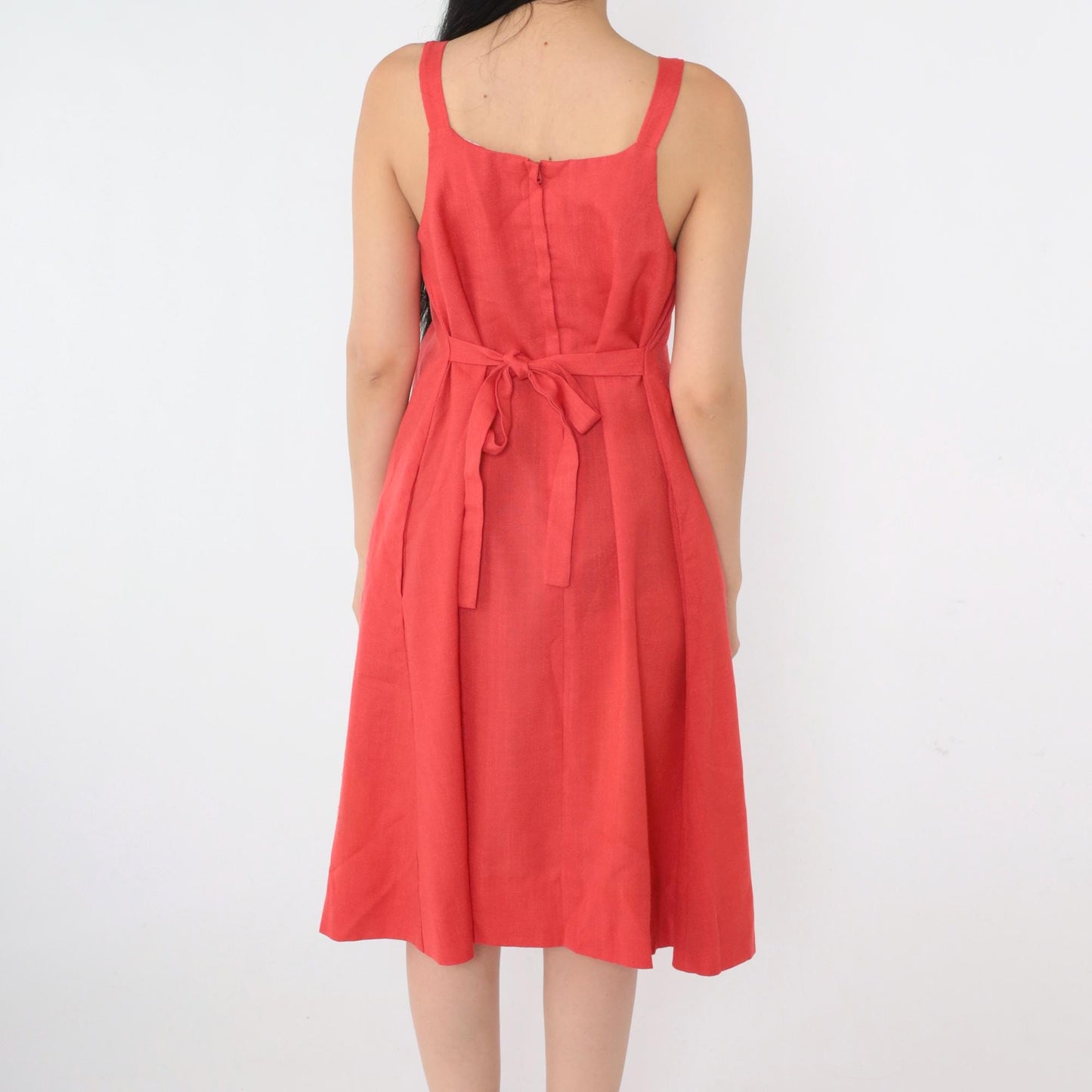 70s Red Empire Waist Sundress Tank Strap Scoop Neck Pockets Small