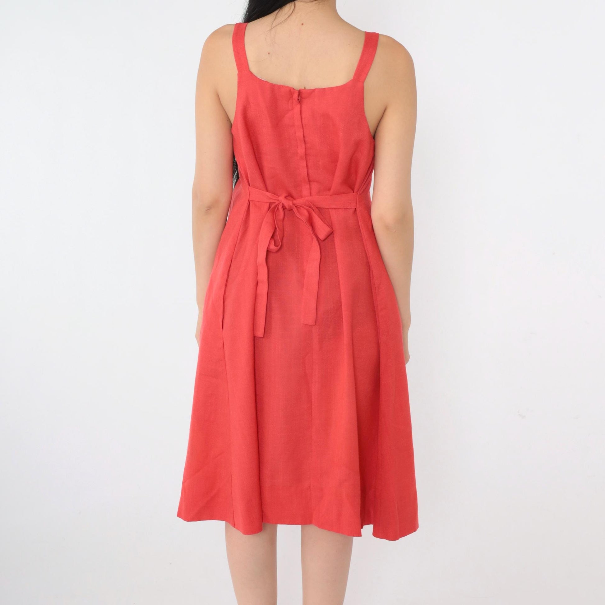 70s Red Empire Waist Sundress Tank Strap Scoop Neck Pockets Small