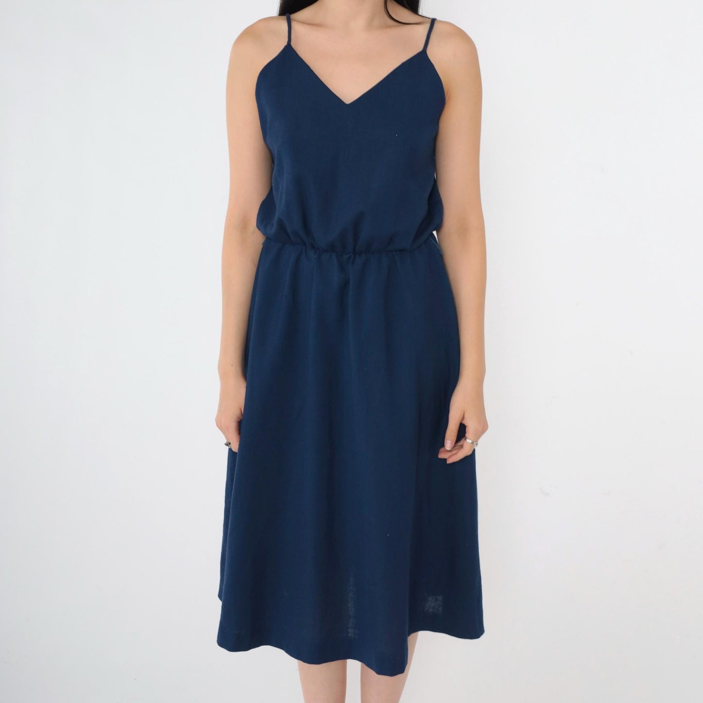 70s Navy Midi Sundress V-Neck Spaghetti Strap High Waist Small