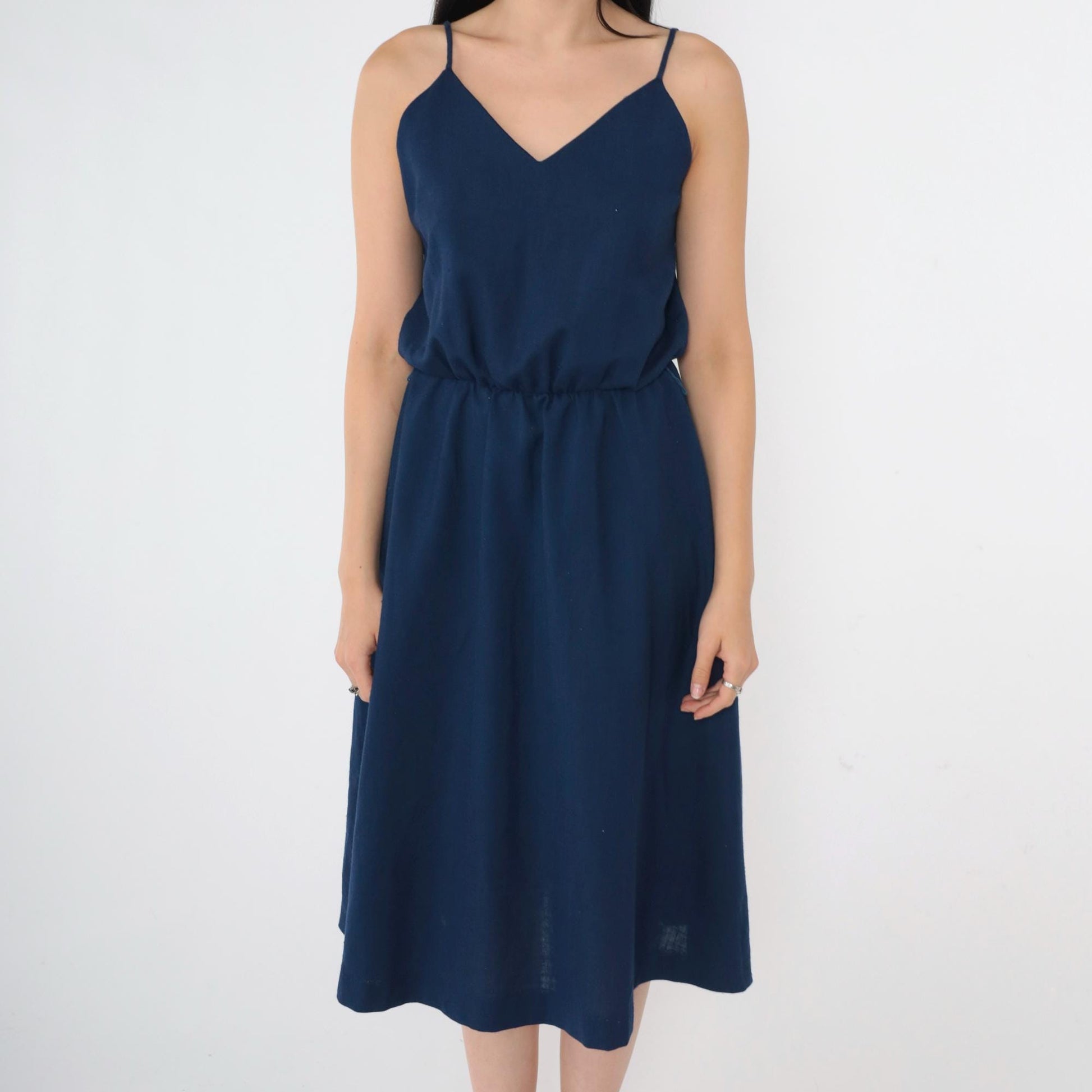 70s Navy Midi Sundress V-Neck Spaghetti Strap High Waist Small