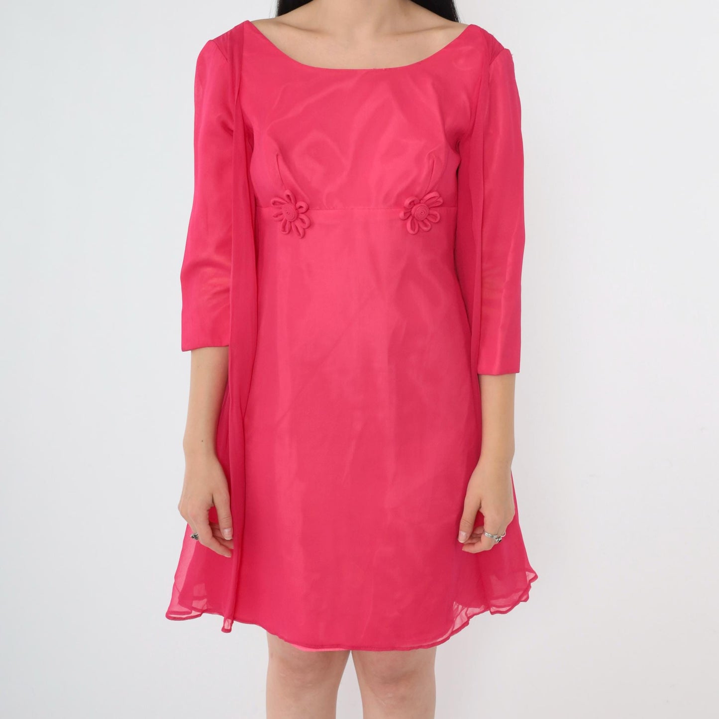 60s Pink Chiffon Mini Dress Empire Waist Floral Applique Long Sleeve Extra Small