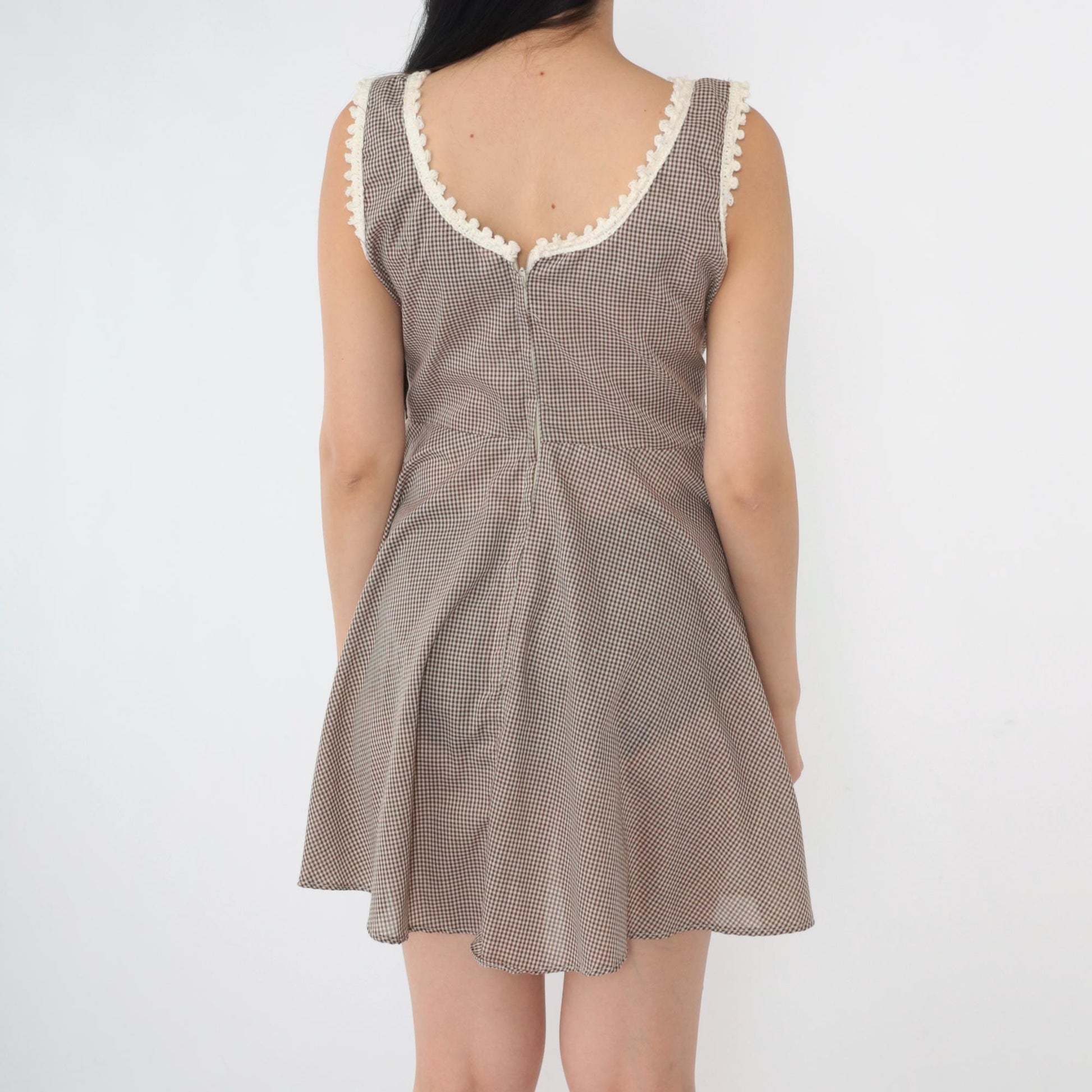 70s Brown Gingham Mini Dress White Panel Crochet Lace Empire Waist Small