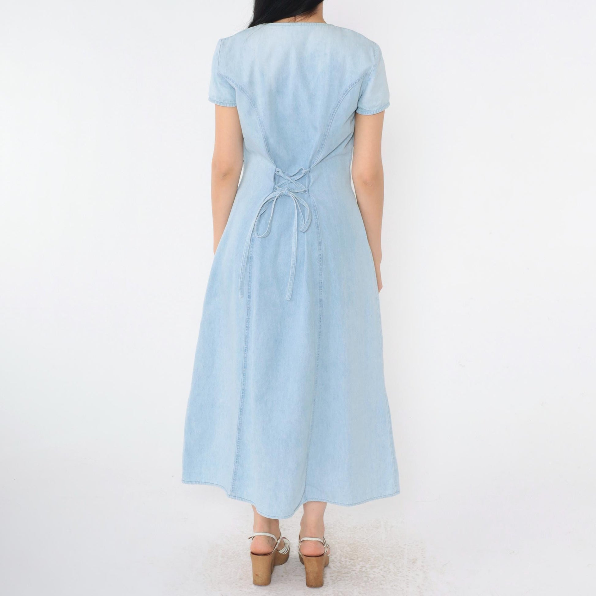 90s Blue Denim Shirtdress Ankle Length Button Up Short Sleeve Small S
