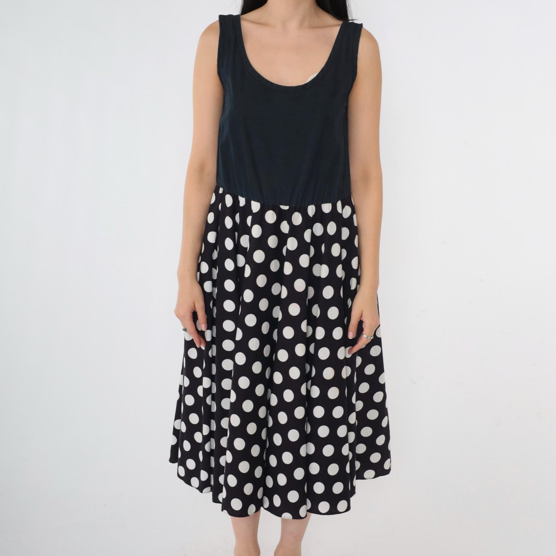 80s Black Polka Dot Midi Dress Sleeveless High Waist Scoop Neck Small