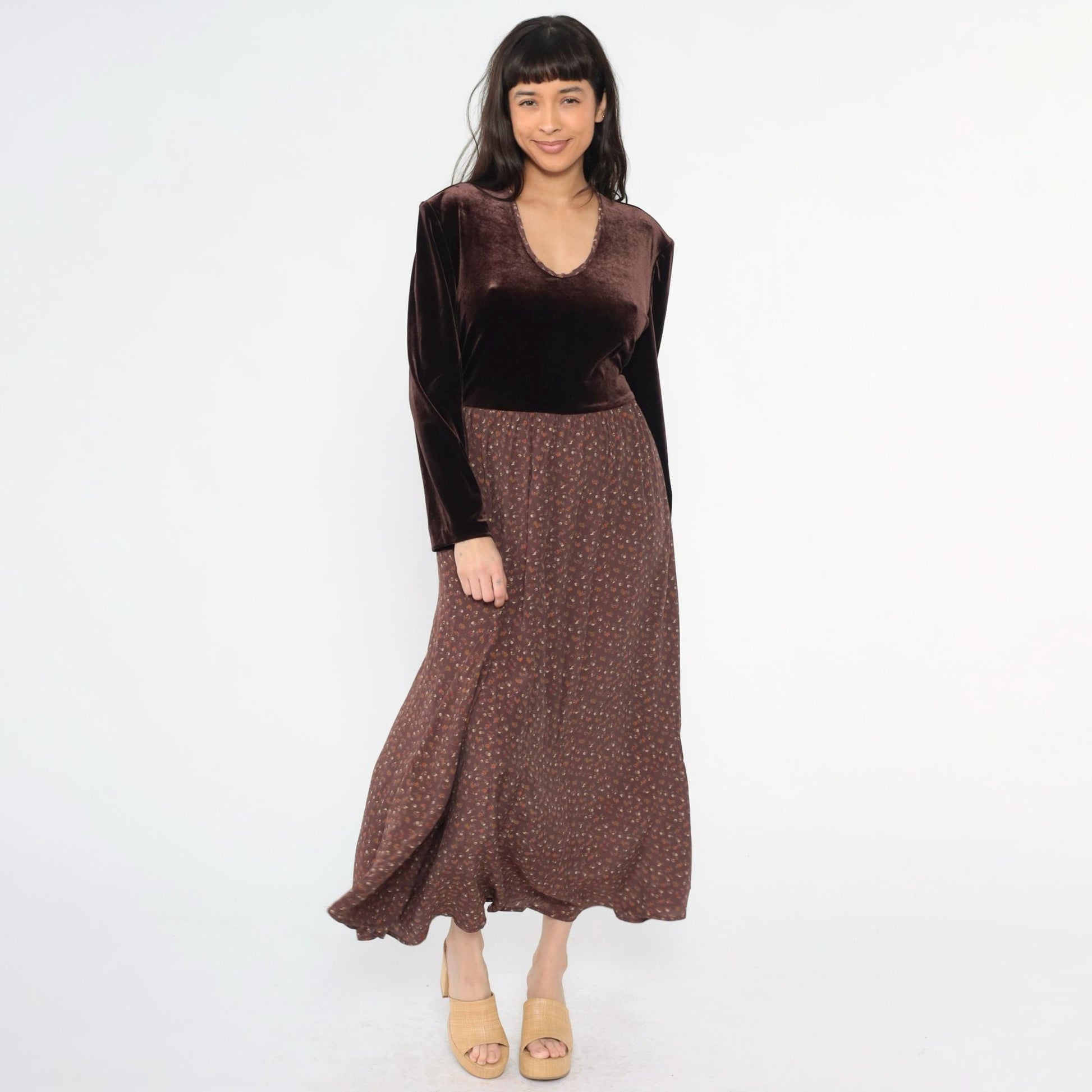 90s Zoe California Floral Velvet Maxi Dress Brown Scoop Neck High Waist Extra Large