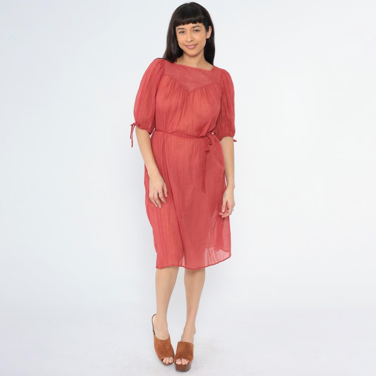 70s Red Cotton Gauze Trapeze Dress Puff Sleeve Midi Small Medium