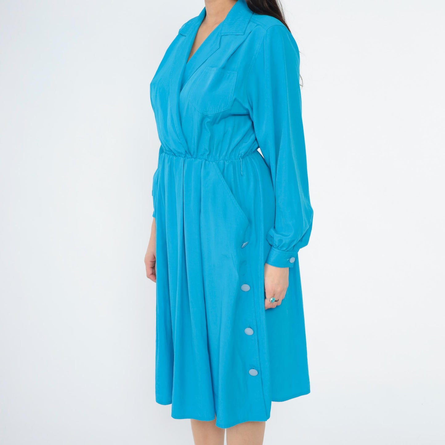 80s Leslie Fay Blue Midi Shirtdress Faux Wrap Collared Long Sleeve Medium