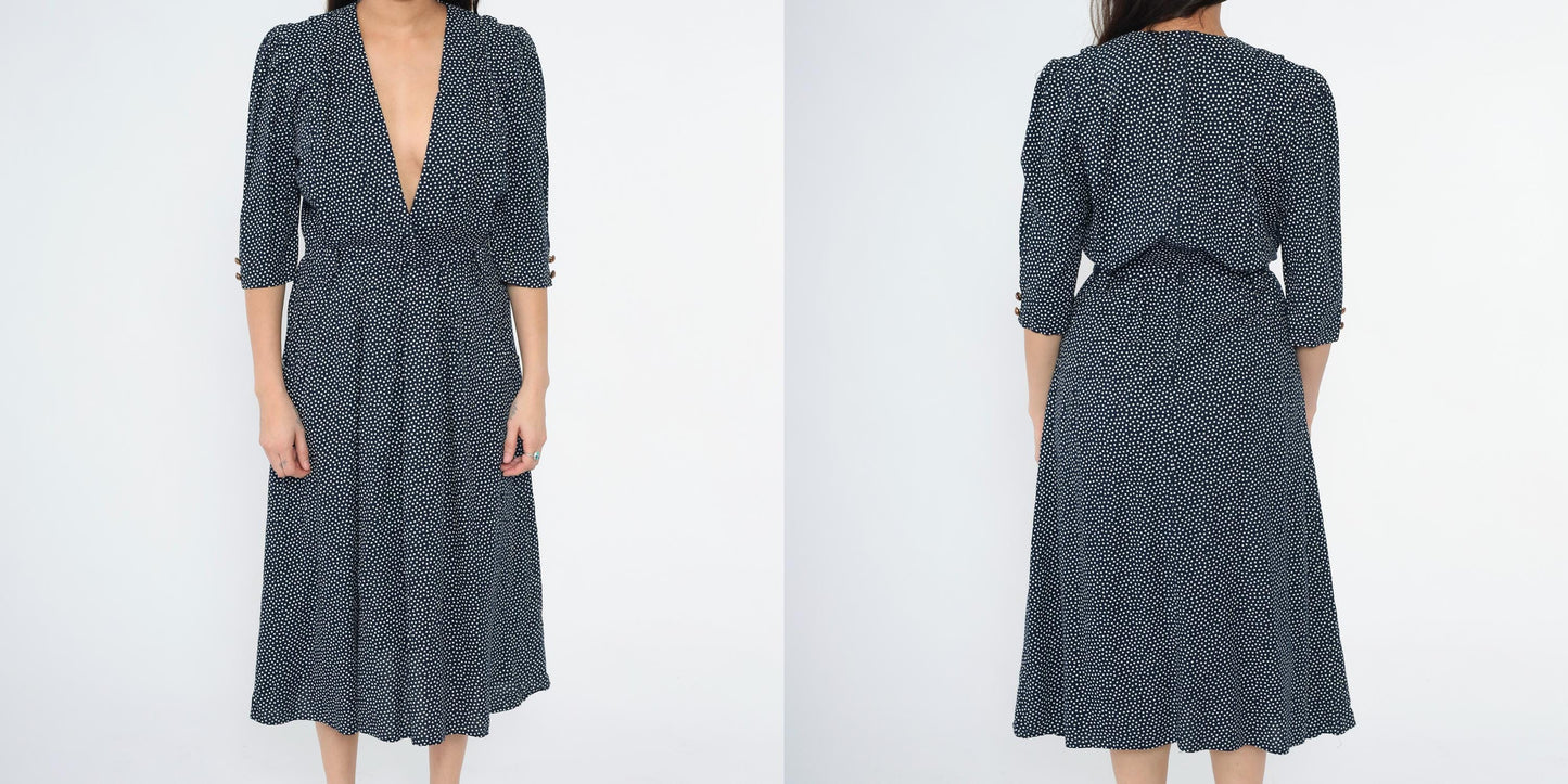 80s Navy Polka Dot Midi Dress Deep V Neck Puff Sleeve Pleated Small