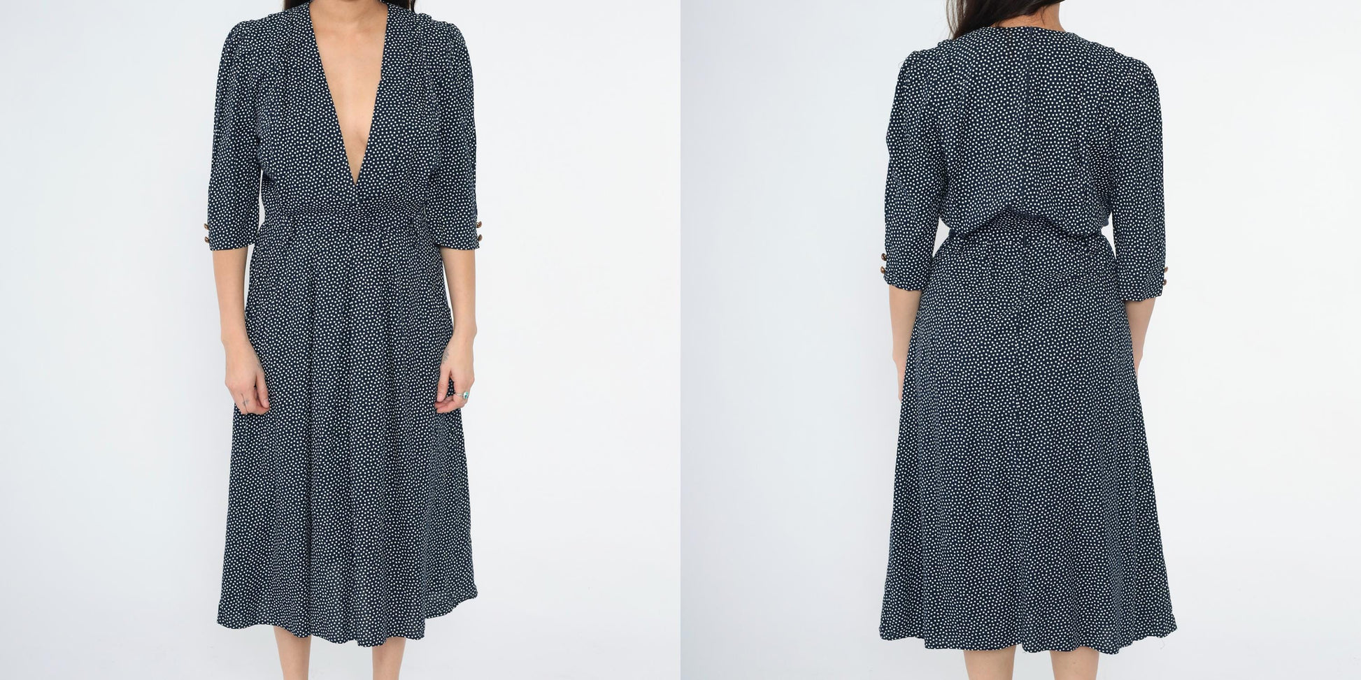 80s Navy Polka Dot Midi Dress Deep V Neck Puff Sleeve Pleated Small