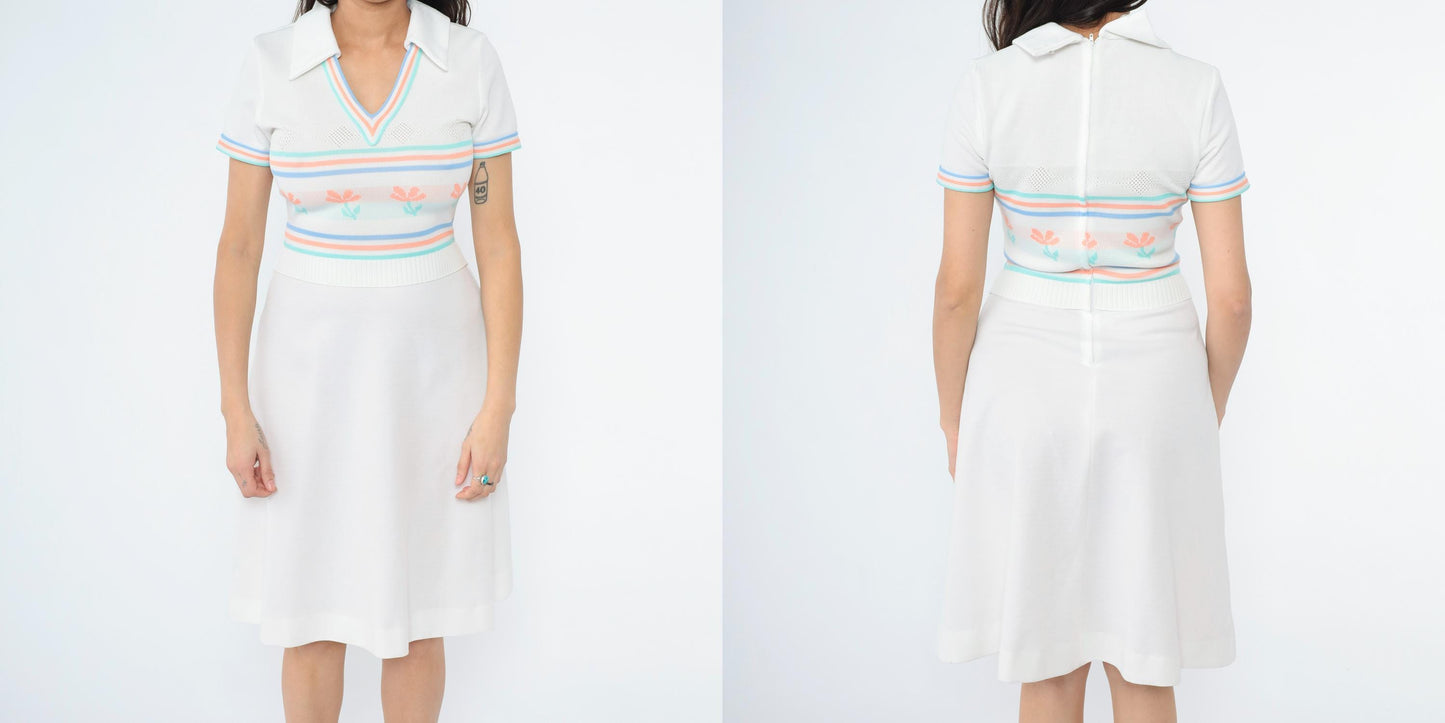70s White Knit Dress Floral Stripe Collared V-Neck Midi Small