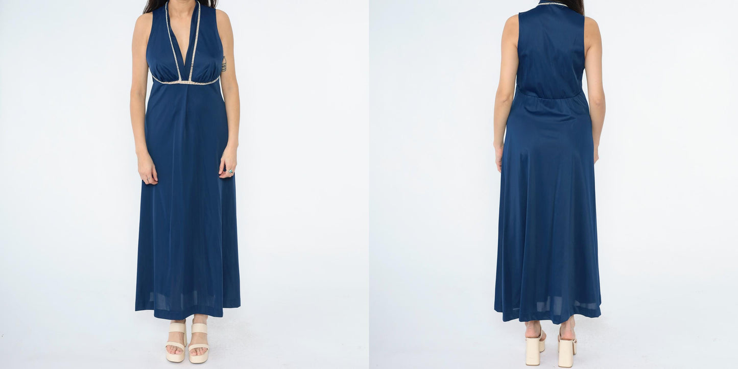 70s Vanity Fair Dark Blue Nylon Maxi Slip Dress Empire Waist Cutout Medium