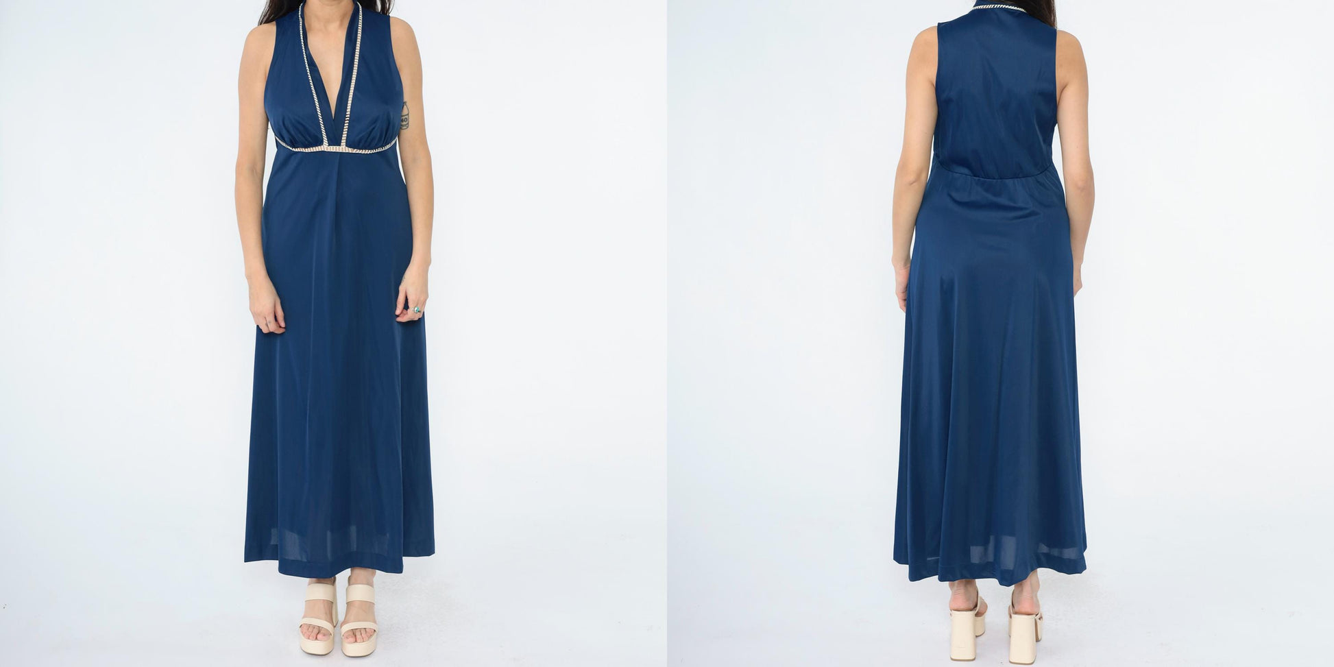 70s Vanity Fair Dark Blue Nylon Maxi Slip Dress Empire Waist Cutout Medium