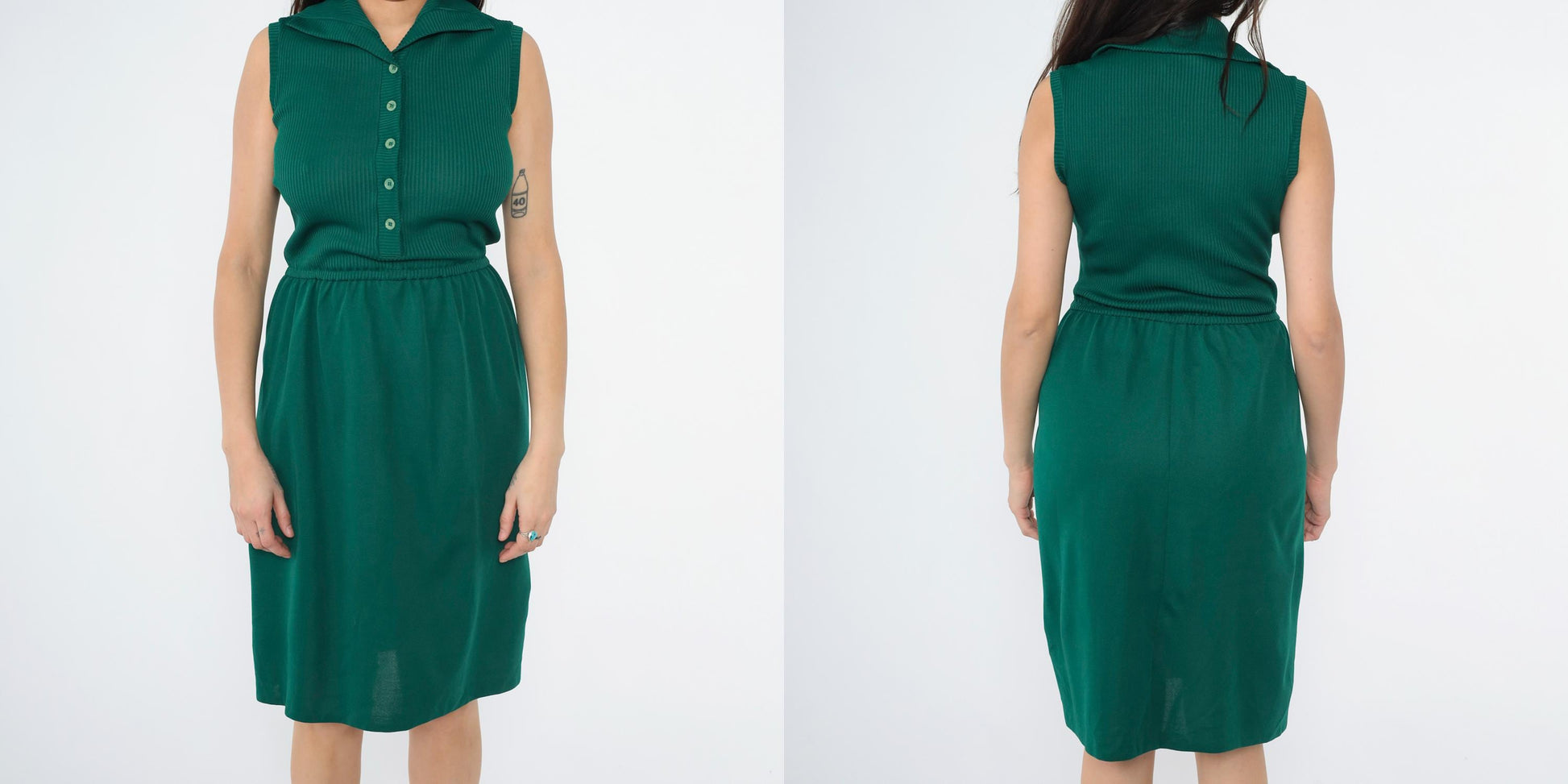 70s Dark Green Ribbed Knit Button-Up Dress Sleeveless Knee-Length Small Medium
