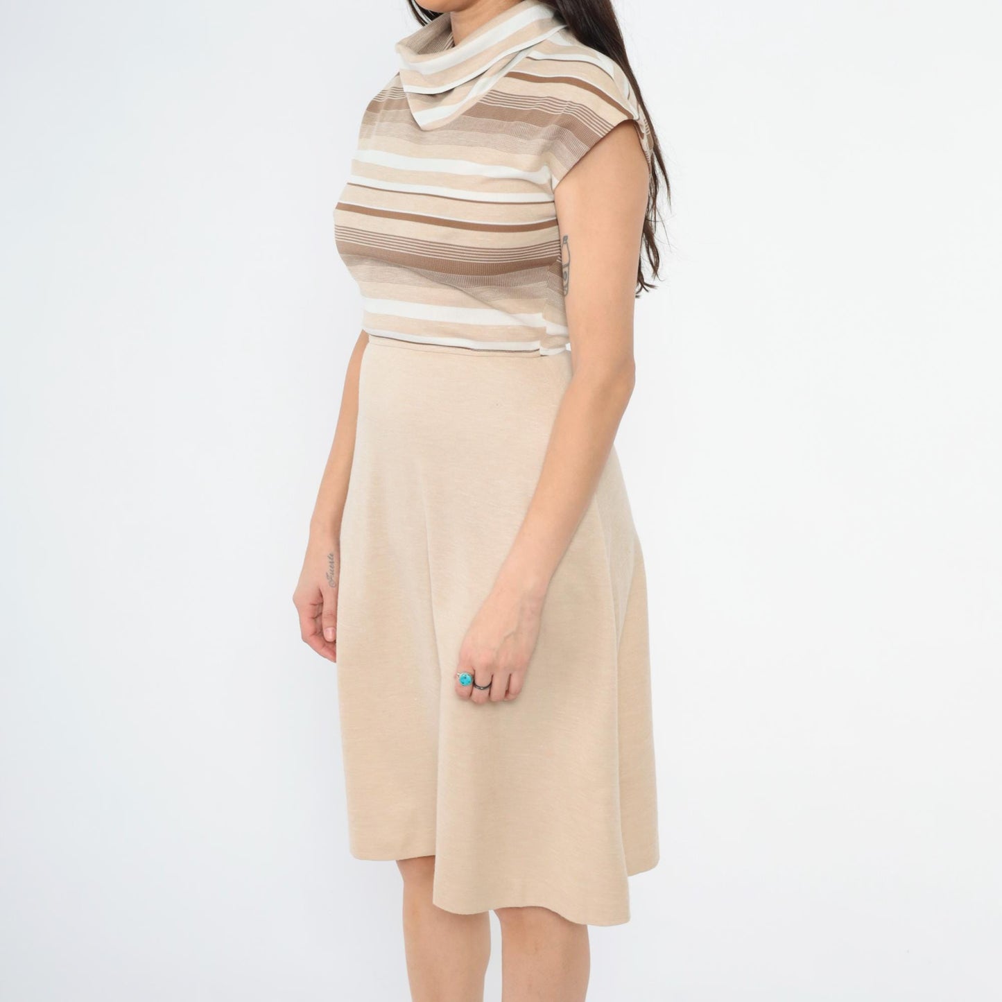 70s Tan Stripe Knit Dress Cowl Neck Cap Sleeve High Waist A-Line Small