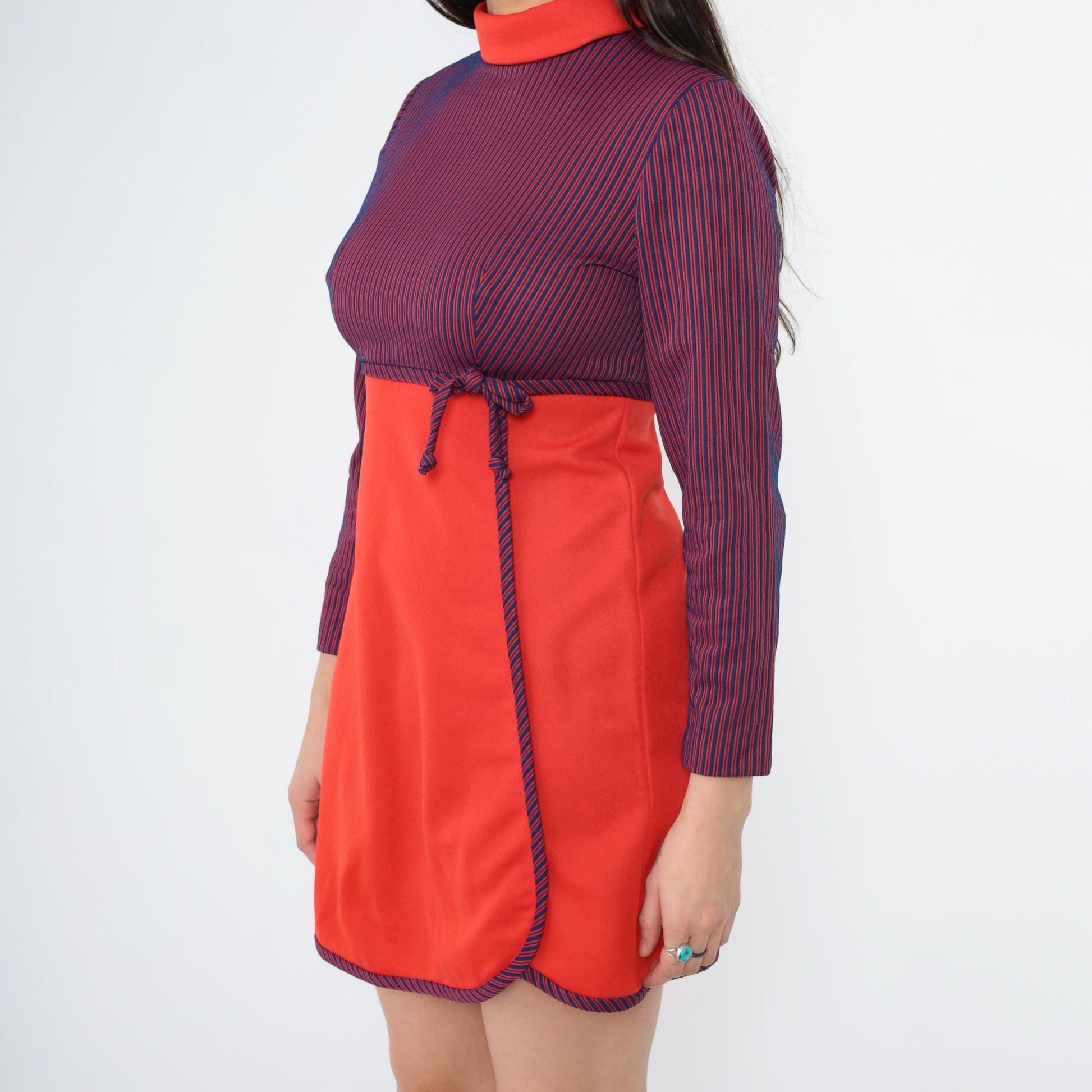 60s Mod Mini Dress Red Blue Striped Empire Waist Mock Neck Small