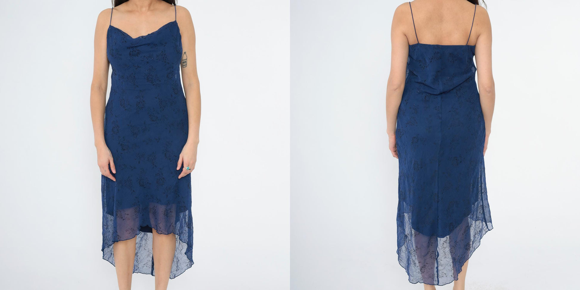 90s Dark Blue Floral Sparkly Chiffon Spaghetti Strap High-Low Midi Dress Medium 8