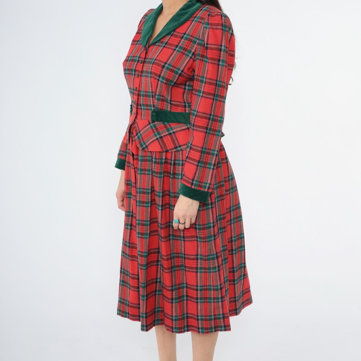 80s Lanz Originals Red Tartan Velvet Trim Peplum Midi Dress Medium 8