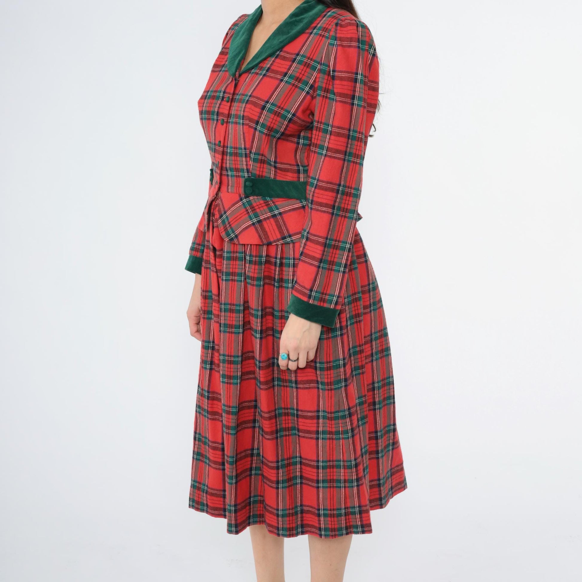 80s Lanz Originals Red Tartan Velvet Trim Peplum Midi Dress Medium 8