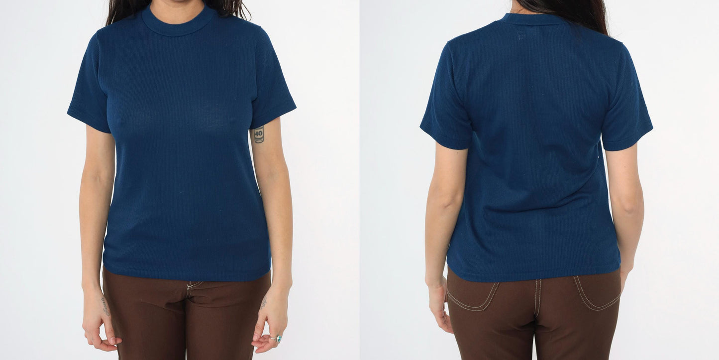 70s Navy Ribbed Knit Crewneck Short Sleeve Top Small