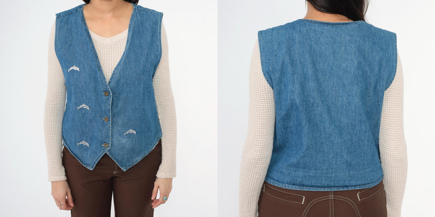 90s Sunbelt Sportswear Embroidered Dolphin Denim Vest Blue Button-Up Medium Large