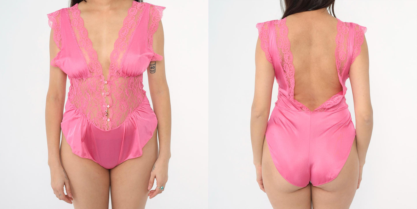 80s Adrian Roberts Pink Lace Teddy Deep V Neck Open Back Small