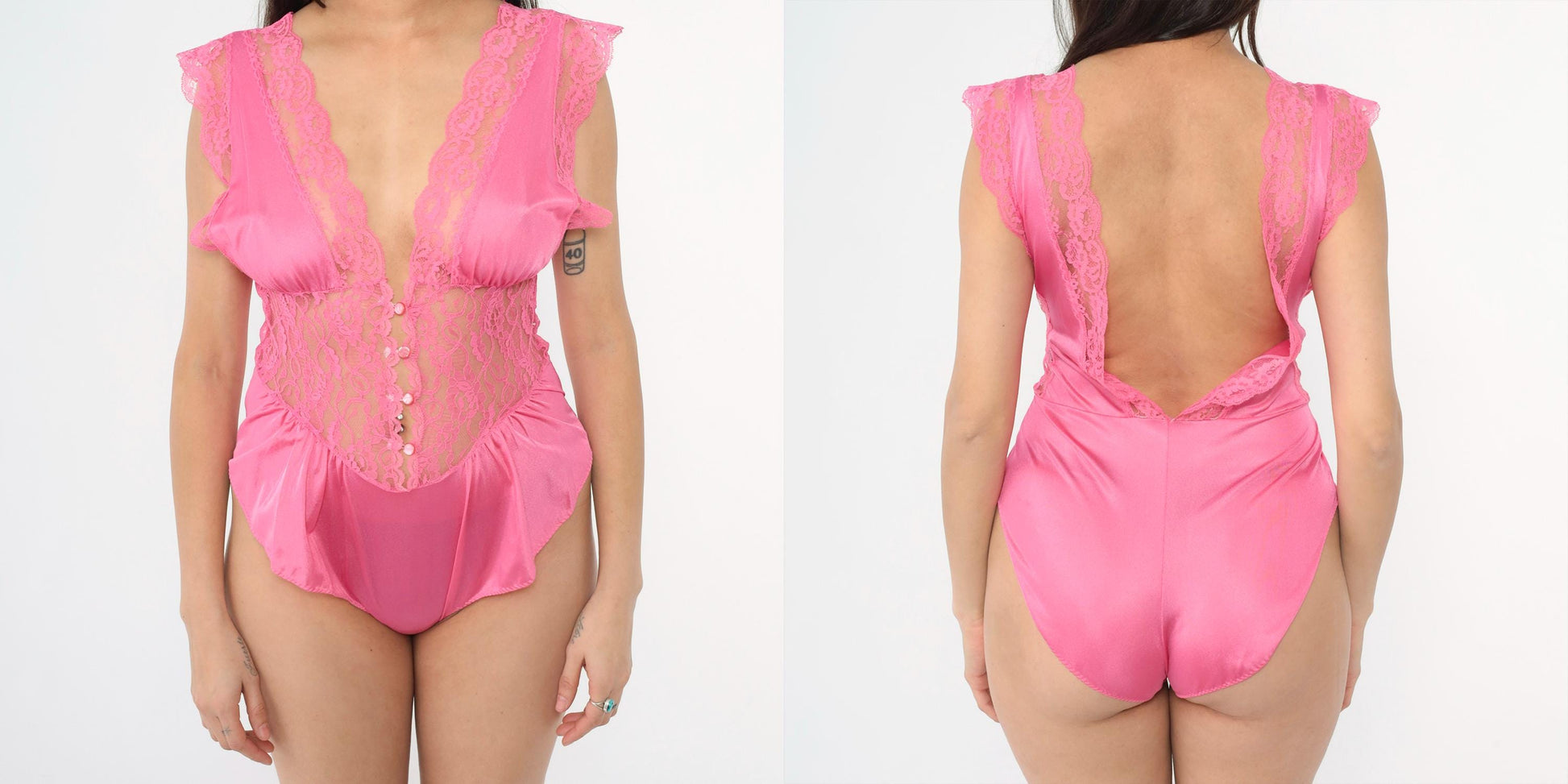 80s Adrian Roberts Pink Lace Teddy Deep V Neck Open Back Small