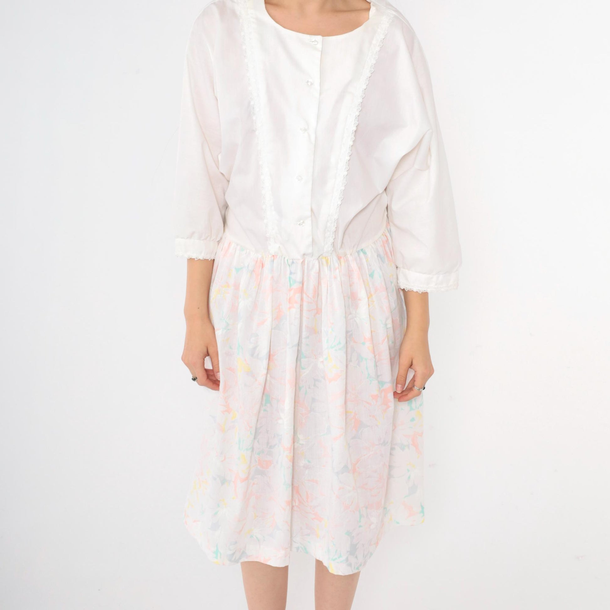 80s White Floral Midi Shirtdress Lace Trim High Waist Button Front Large L