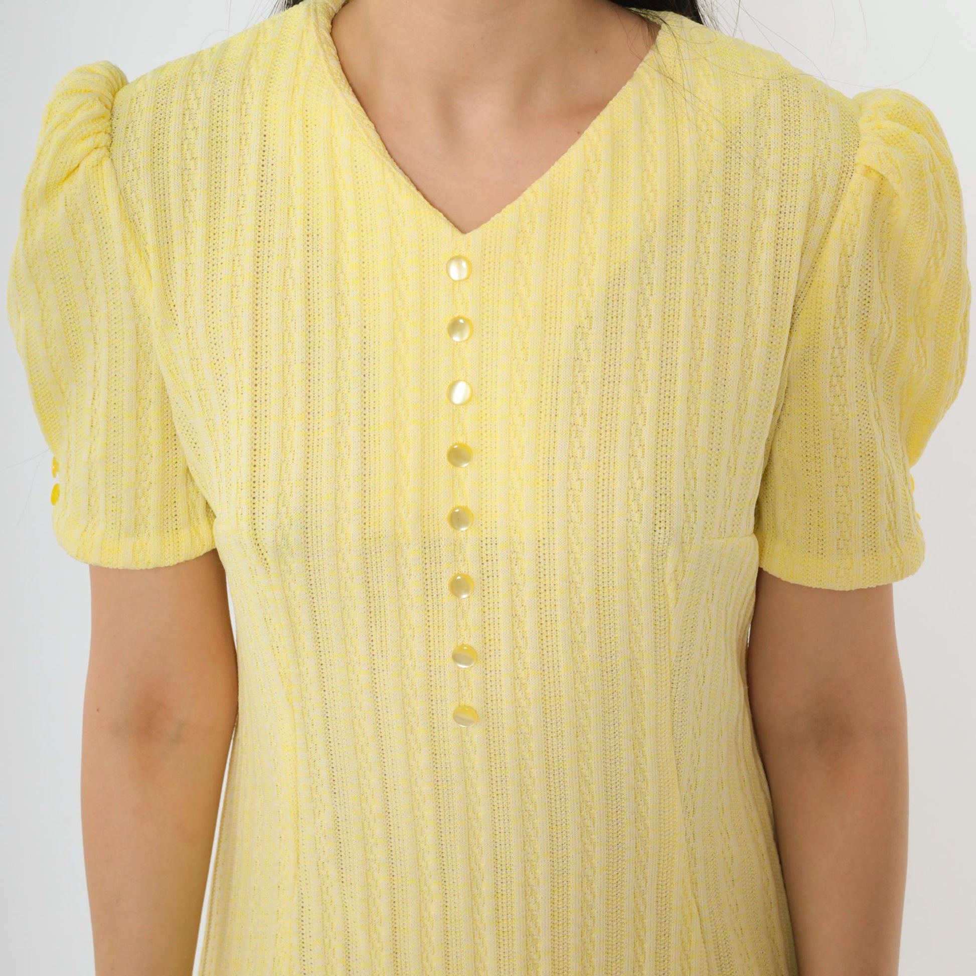 60s Yellow Ribbed Knit Mini Dress Puff Sleeve Shift Small Medium