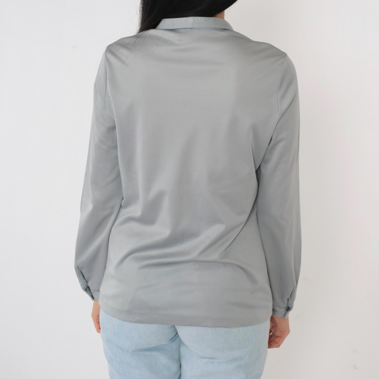 80s Grey Button-Up Blouse Long Sleeve Collared Shirt Medium M