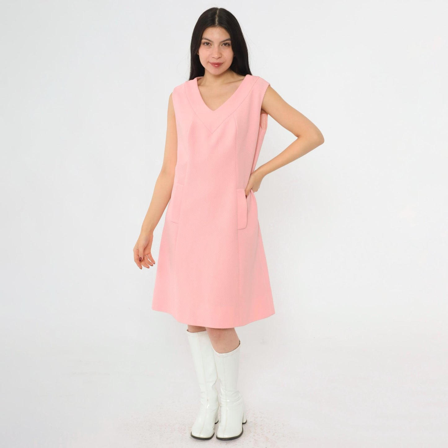 60s Mod Shift Dress Pink Ribbed Knit Sleeveless Mini Medium M