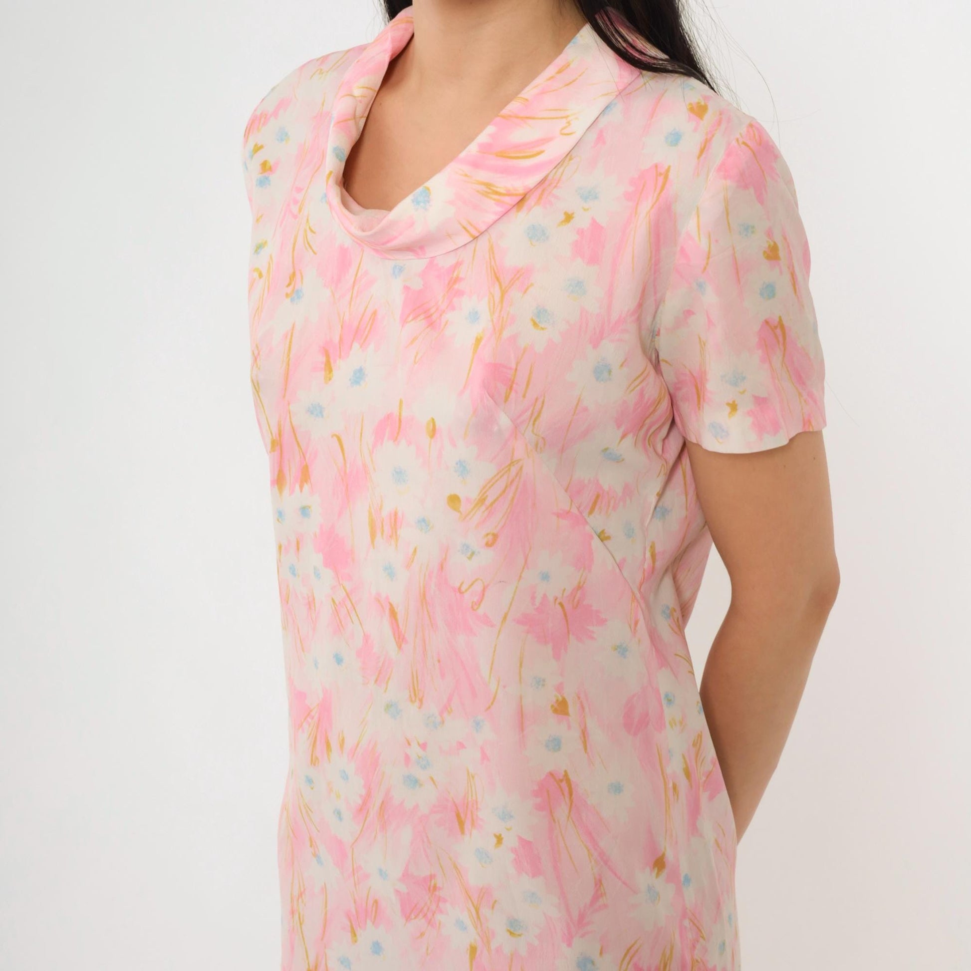 60s Pink Abstract Floral Shift Dress Cowl Neck Short Sleeve Small