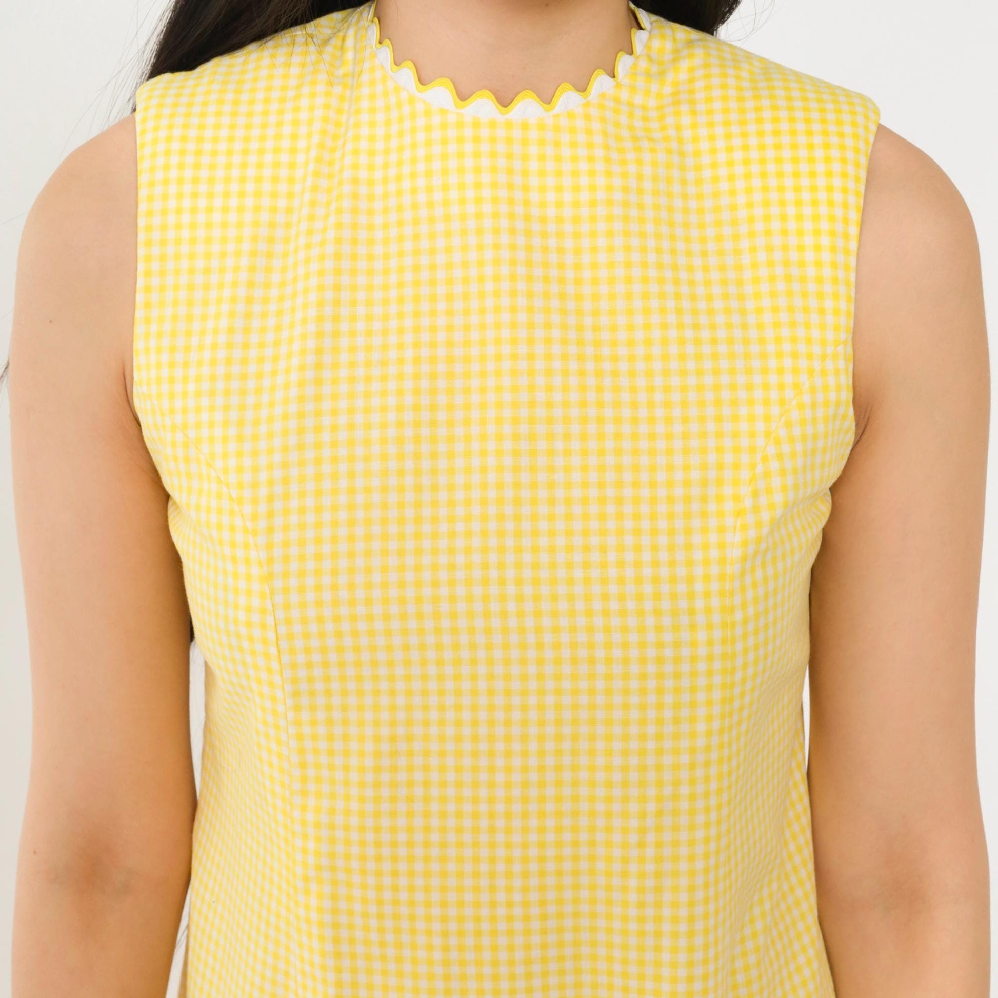 60s Yellow Gingham Sleeveless Dress Ric Rac Trim High Neck A-Line Knee Extra Small