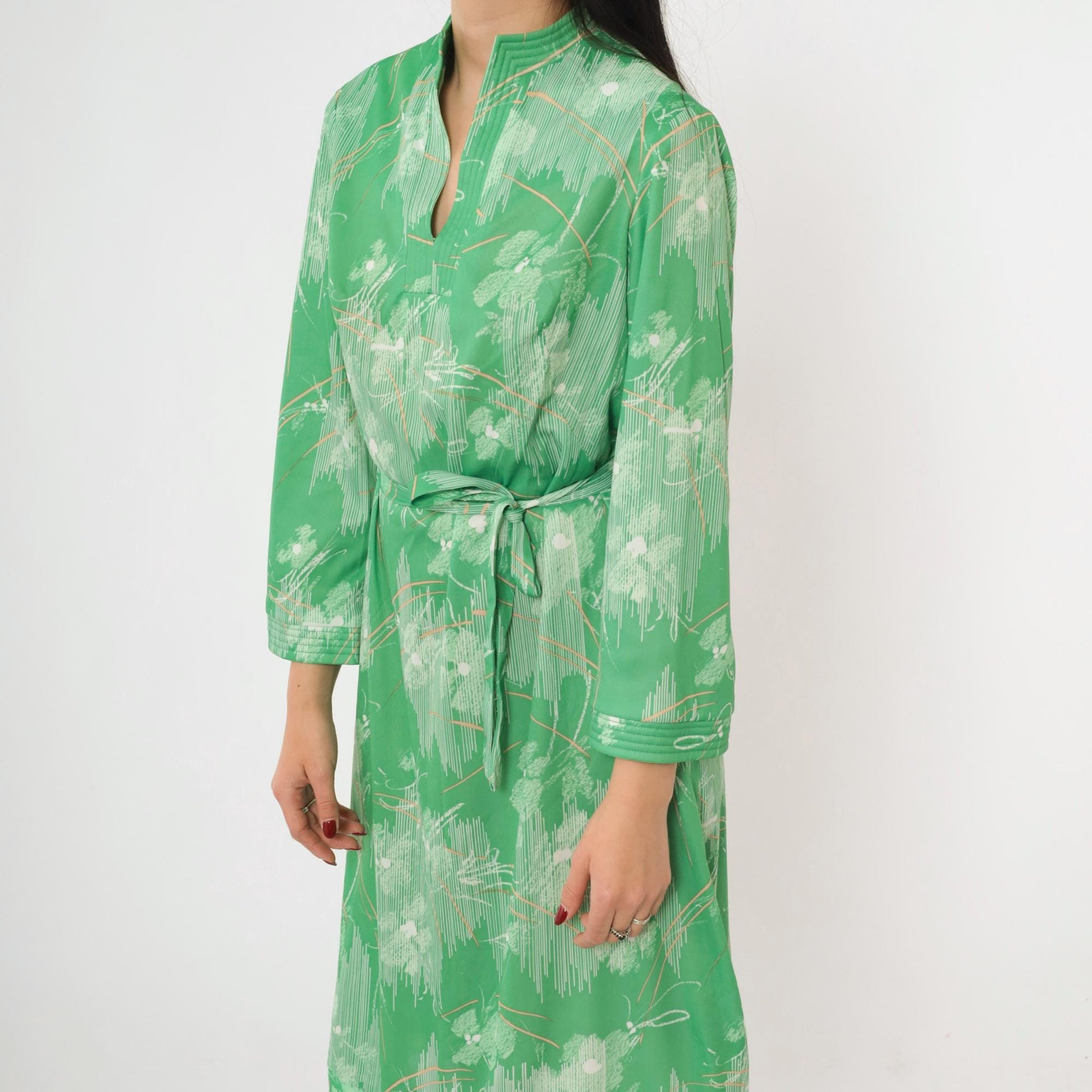 70s Abstract Floral Midi Dress Green Mandarin Collar Side Slit Tie Belt Large