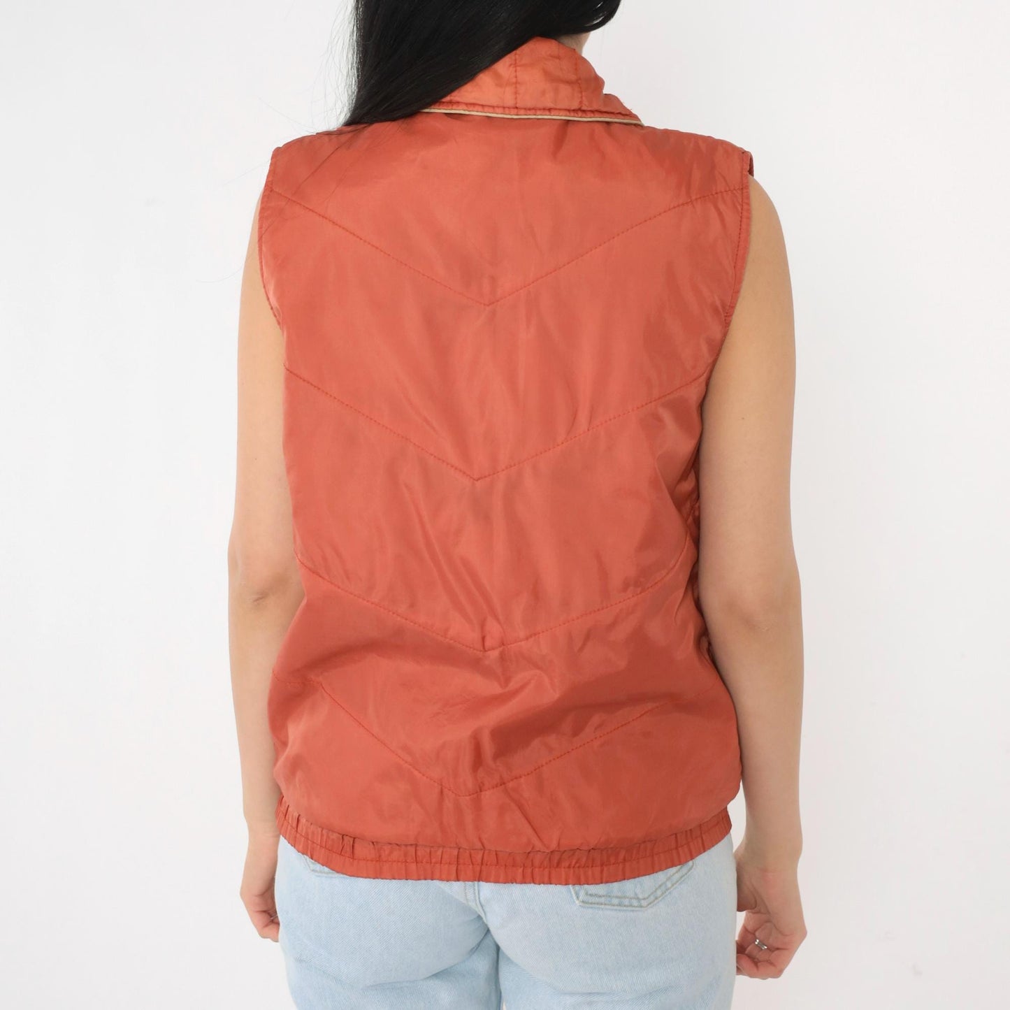 80s Rust Puffer Vest Chevron Stitching Snap Closure Sleeveless Medium M