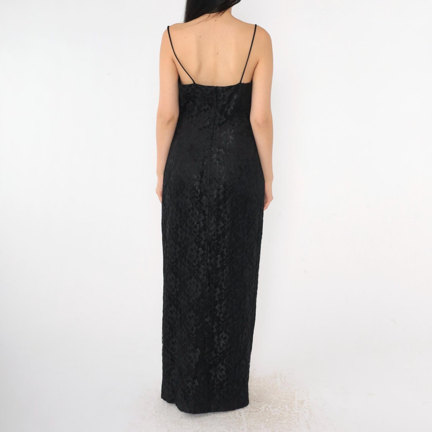 90s Black Lace Maxi Dress Sweetheart Neckline High Slit Spaghetti Strap Small