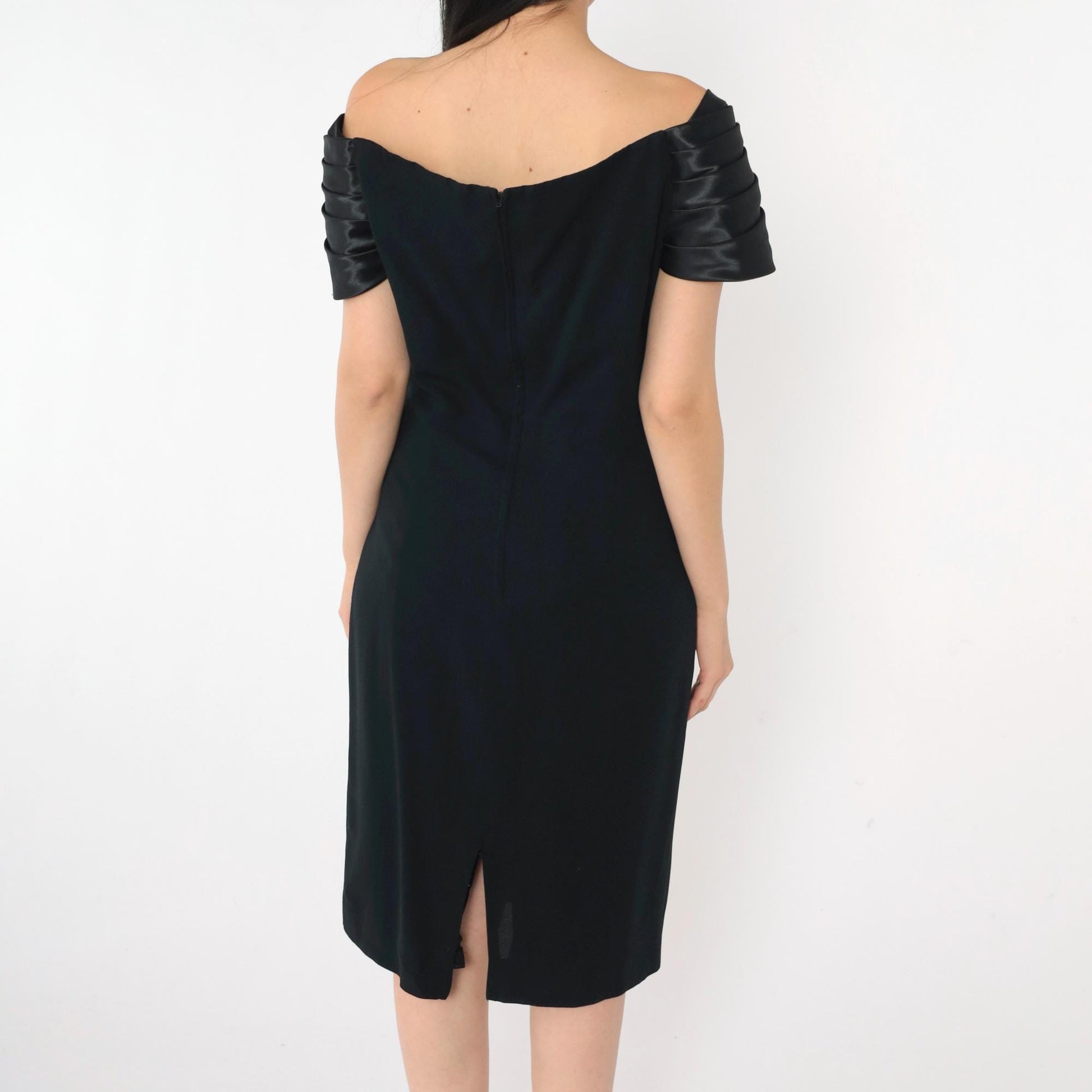 90s Black Off-Shoulder Bow Cocktail Dress Midi Sheath Medium 8