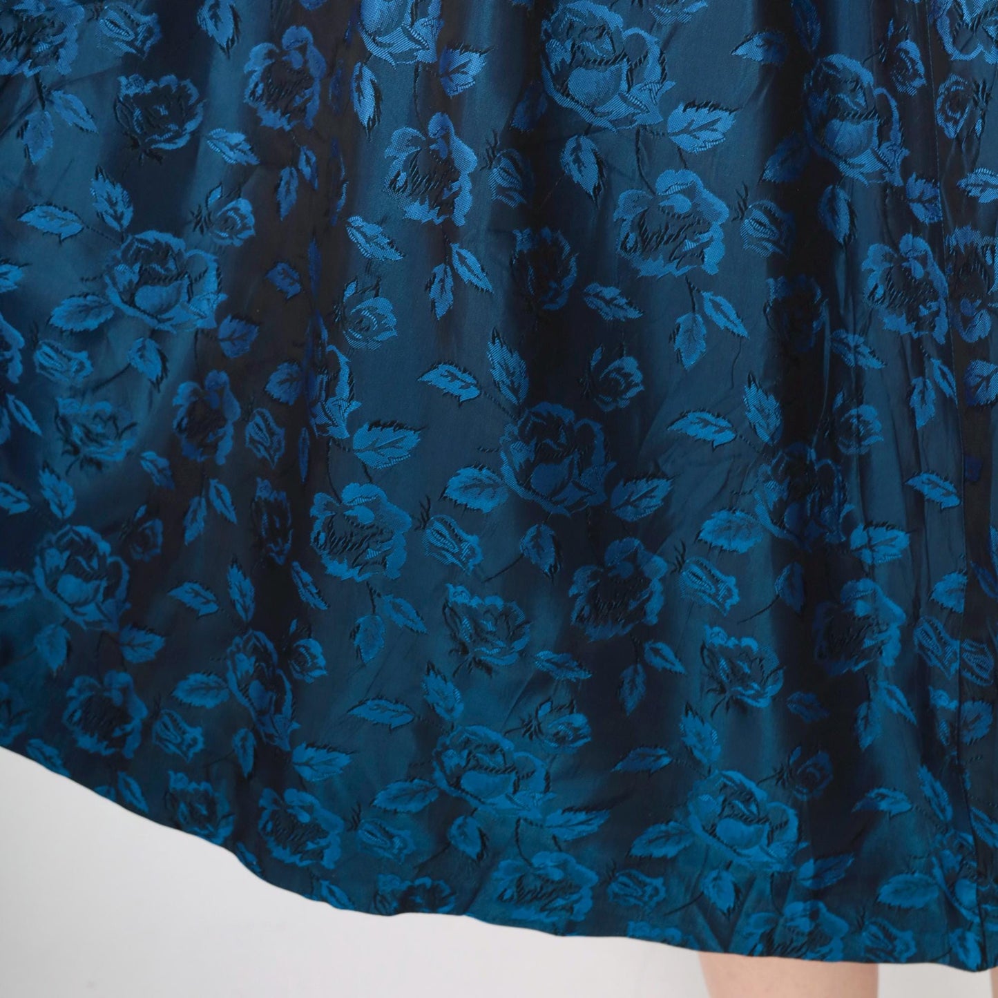 80s Black Velvet Puff Sleeve Dress Blue Floral Jacquard Midi V Back Small