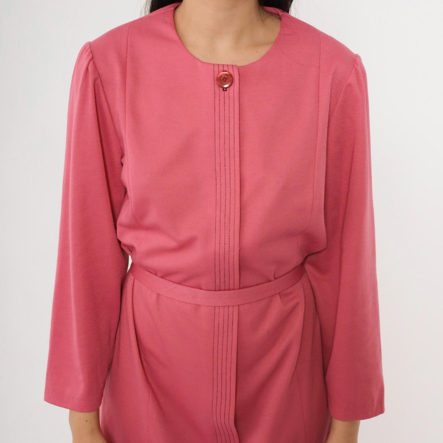 70s Pink Button-Up Shirtdress A-Line Midi Puff Sleeve Tie Belt Large