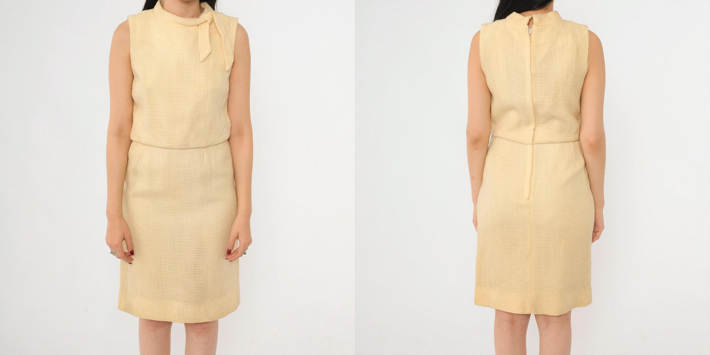 1960s Cream Wool Dress Sleeveless Bow Neck Fitted Knee Length Small S