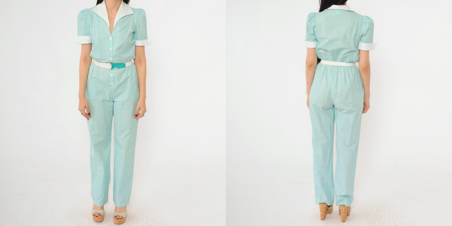 80s Aqua Striped Puff Sleeve Jumpsuit High Waisted Button Up Cotton Extra Small