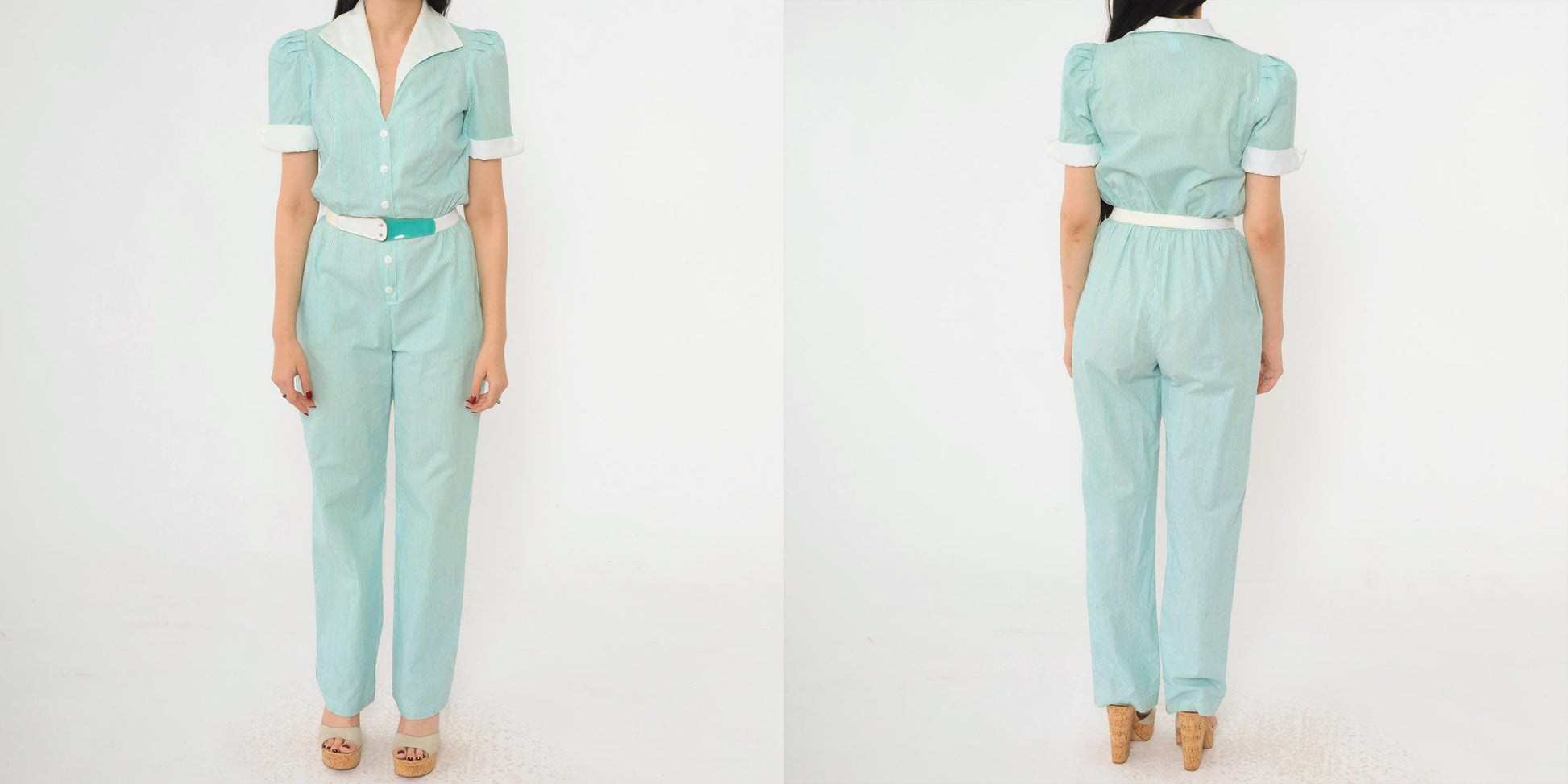 80s Aqua Striped Puff Sleeve Jumpsuit High Waisted Button Up Cotton Extra Small