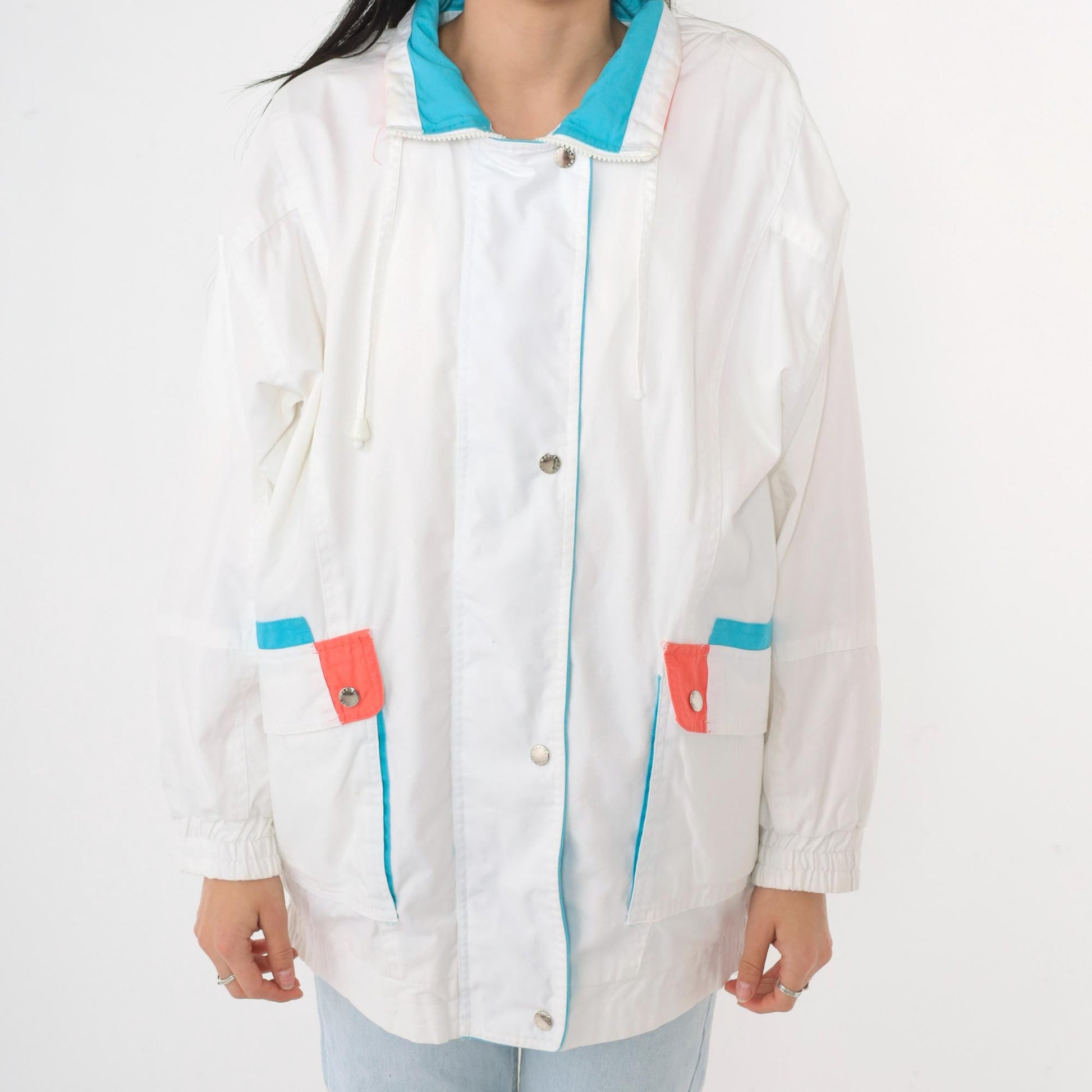 80s White Windbreaker Jacket Snap Zip Blue Coral Trim Small S