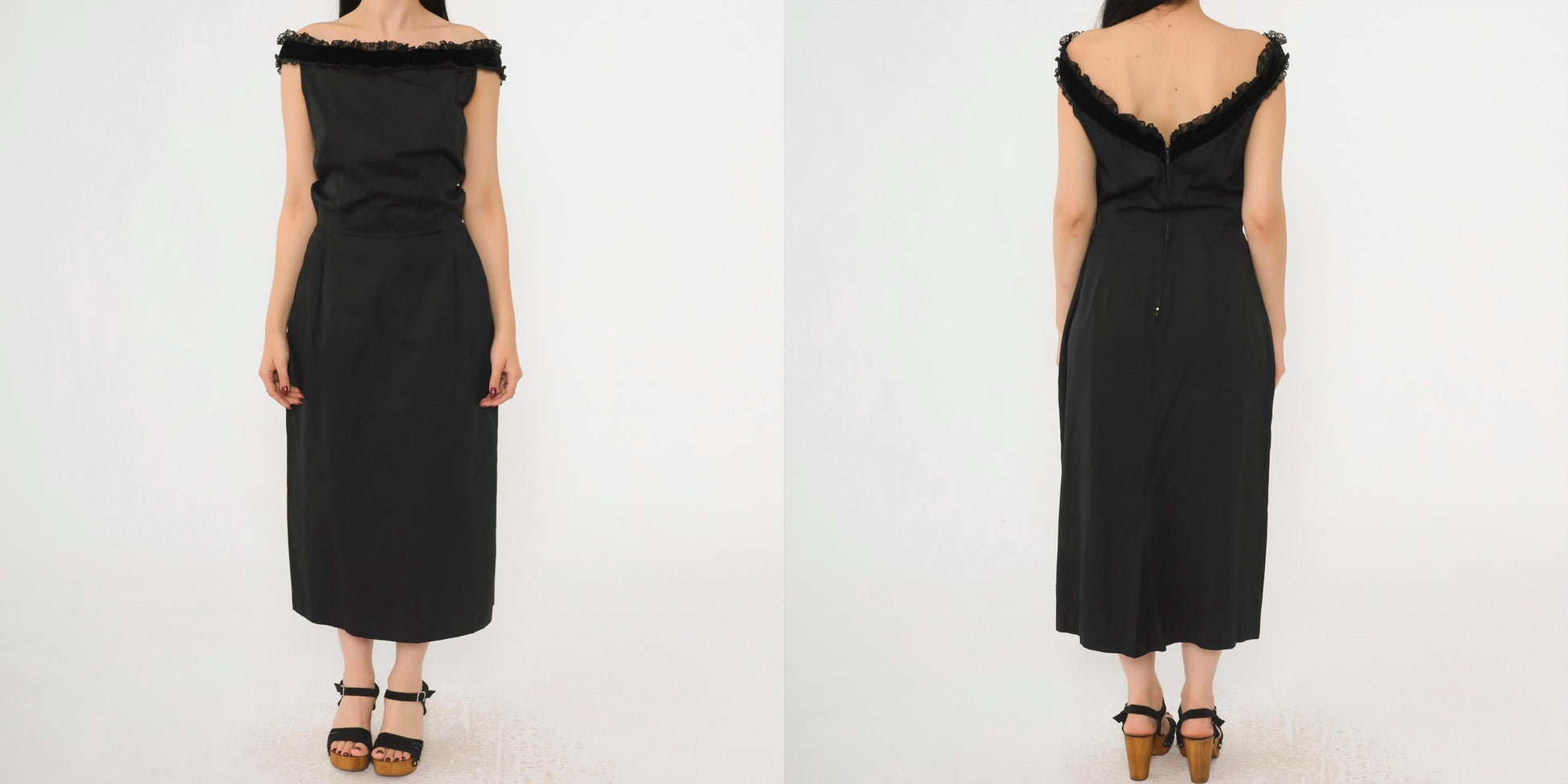 1960s Maggi Stover Black Cocktail Dress Off-Shoulder Velvet Lace Midi Small 4