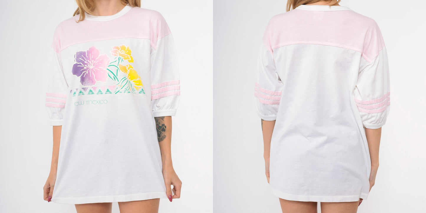 80s New Mexico Floral Ringer T-Shirt Baby Pink White Striped Graphic Tee Extra Large