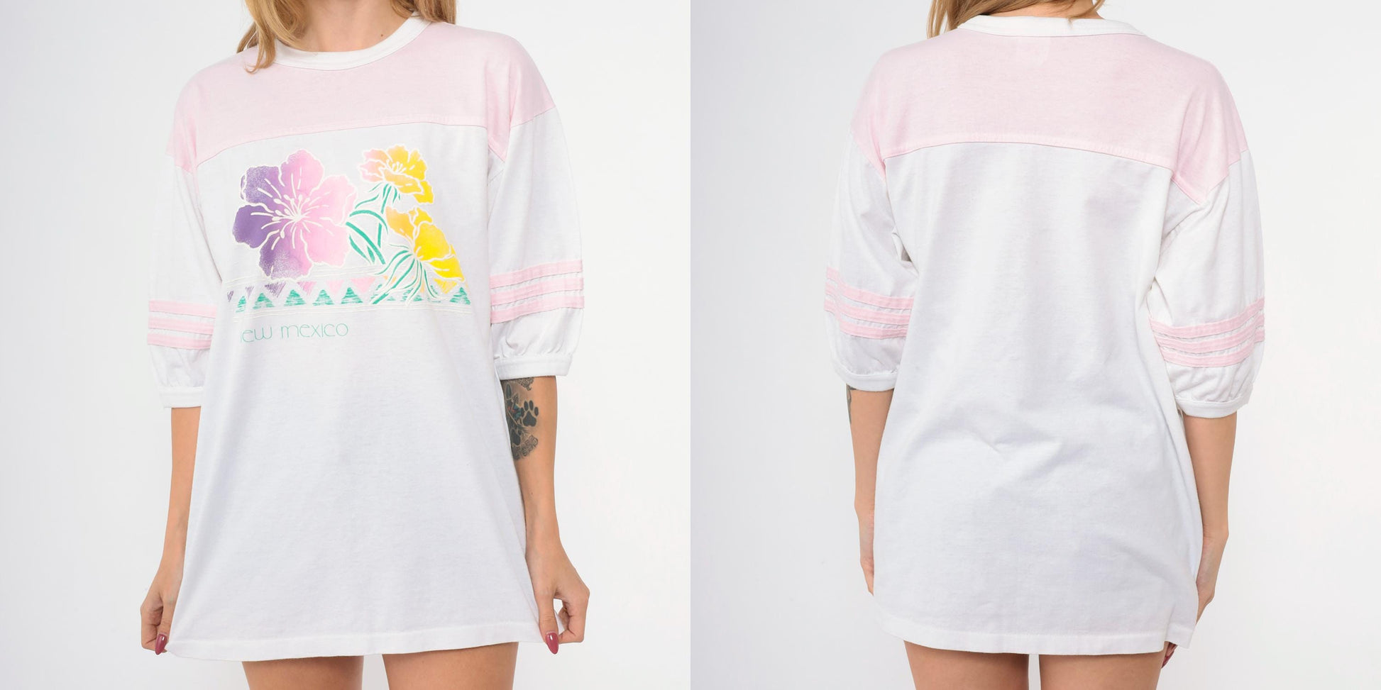 80s New Mexico Floral Ringer T-Shirt Baby Pink White Striped Graphic Tee Extra Large
