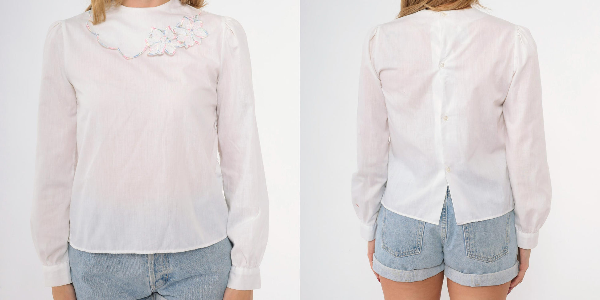 80s White Floral Embroidered Blouse Puff Sleeve Cutwork Button Back Extra Small