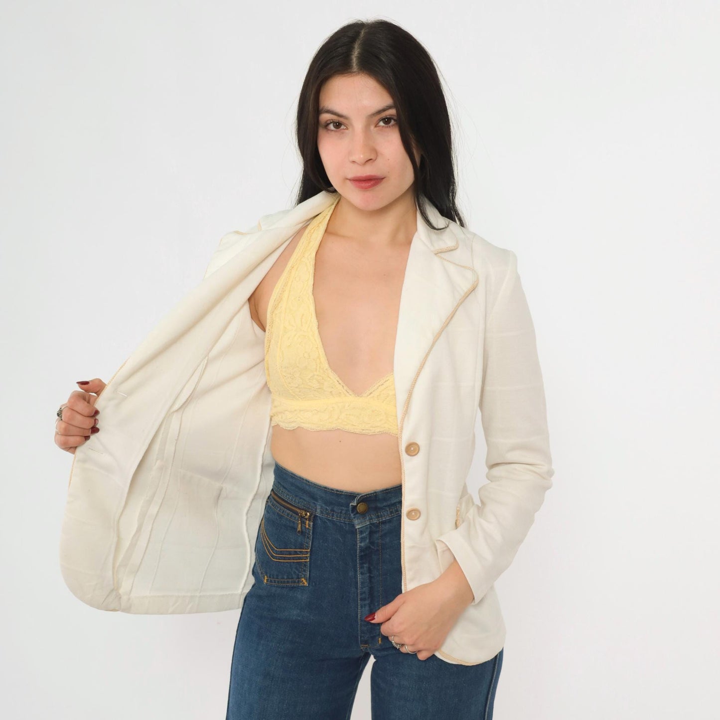 70s White Checkered Blazer Jacket Notched Collar Tan Trim Small